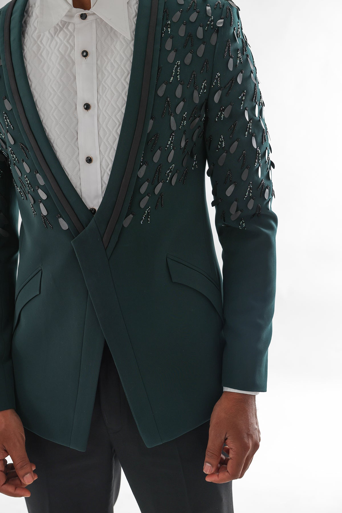 Green Matte Sequins Tuxedo Set