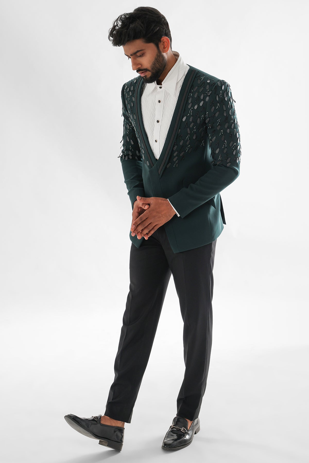 Green Matte Sequins Tuxedo Set