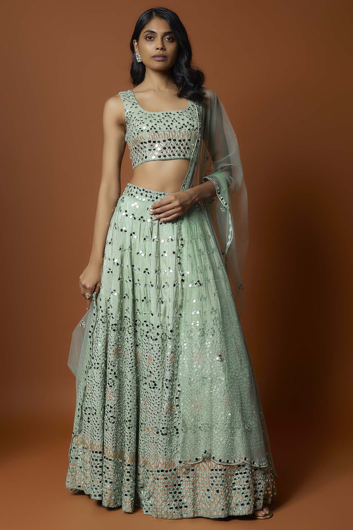 Mehak Murpana Green Mirror Work Lehenga Set for Women Online at ScrollnShops