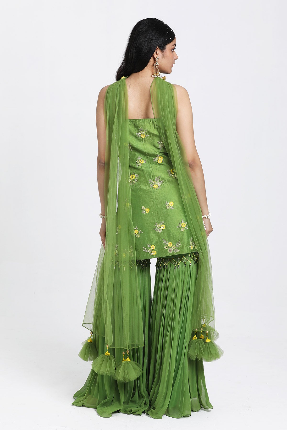 Green Mirror Work Sharara Set