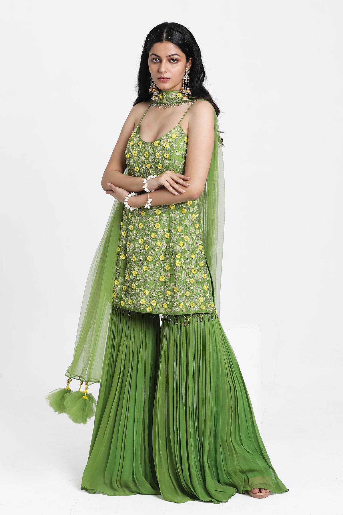 Green Mirror Work Sharara Set