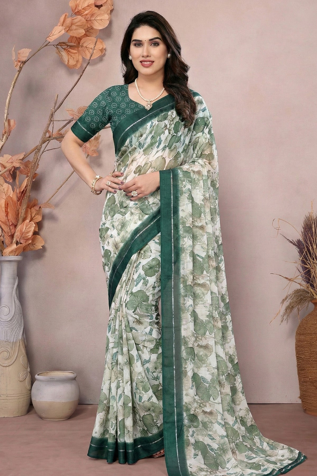 Buy Green Moss Satin Printed Saree for women by Aastha Fashion online available at scrollnshops