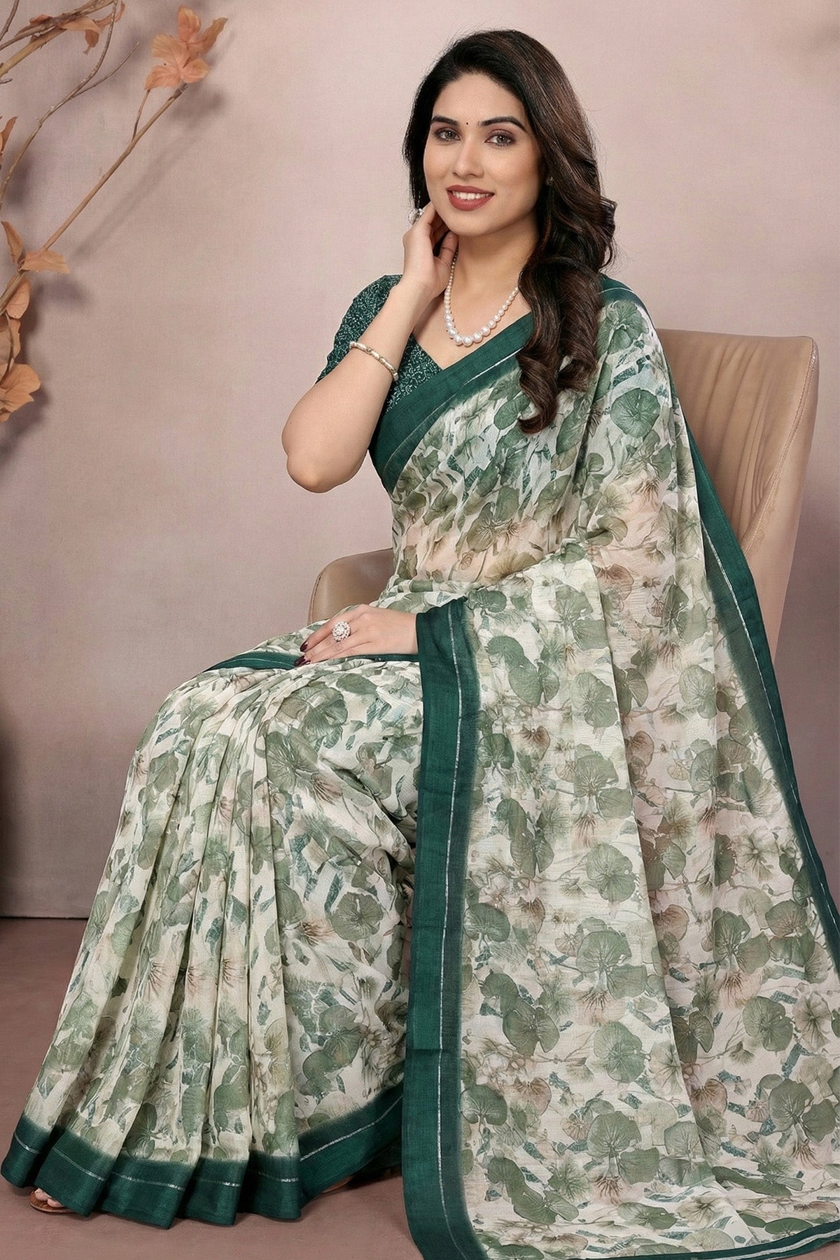 Green Moss Satin Printed Saree