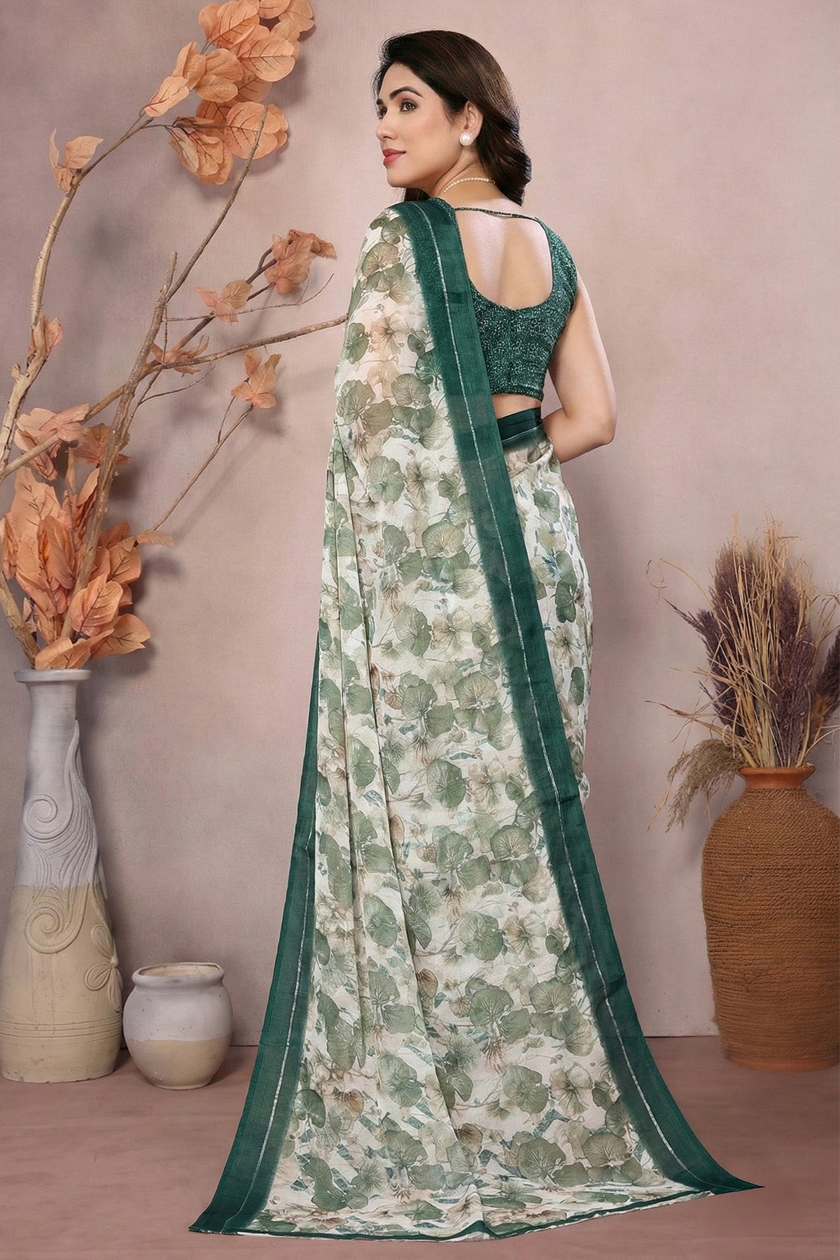 Green Moss Satin Printed Saree