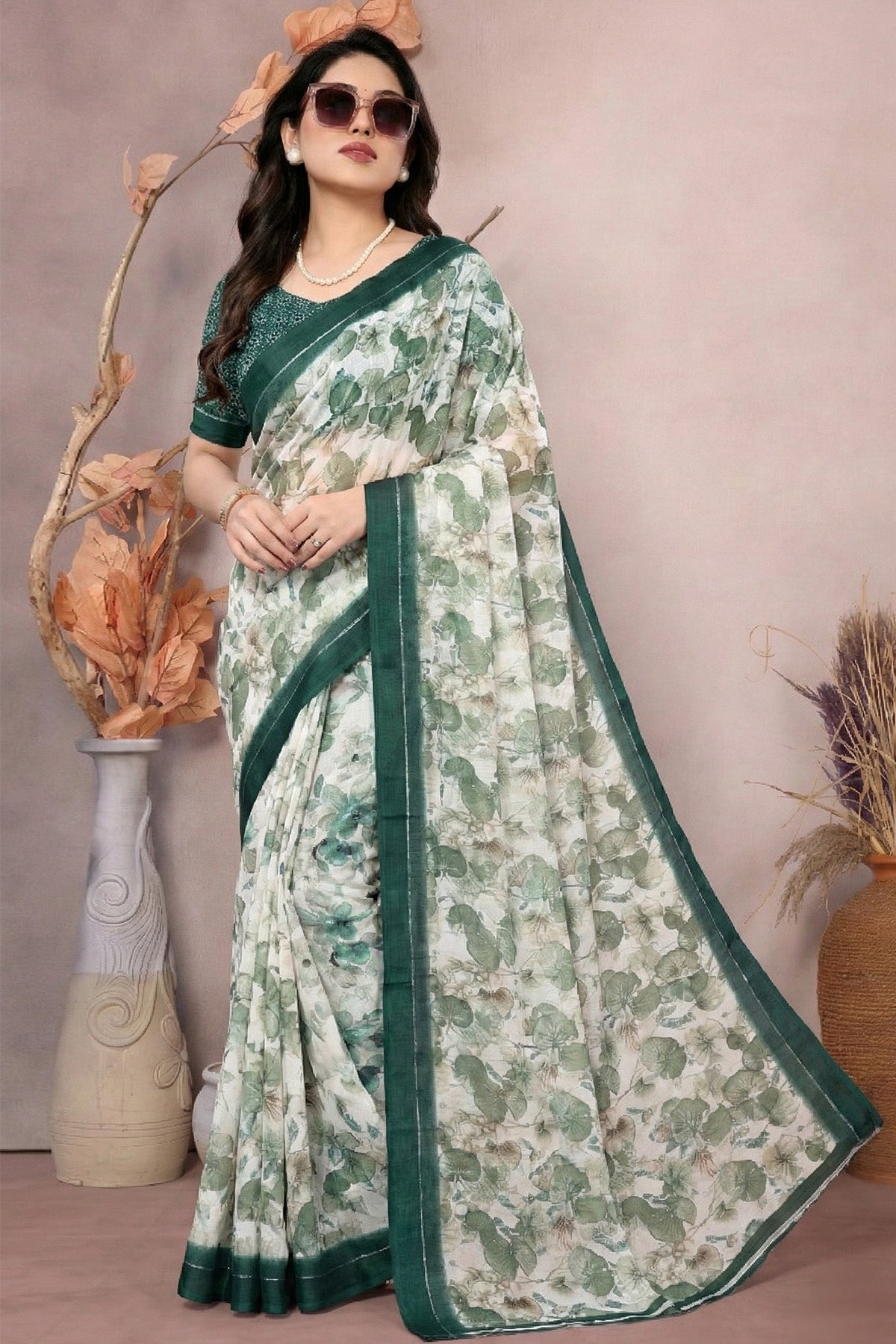 Green Moss Satin Printed Saree