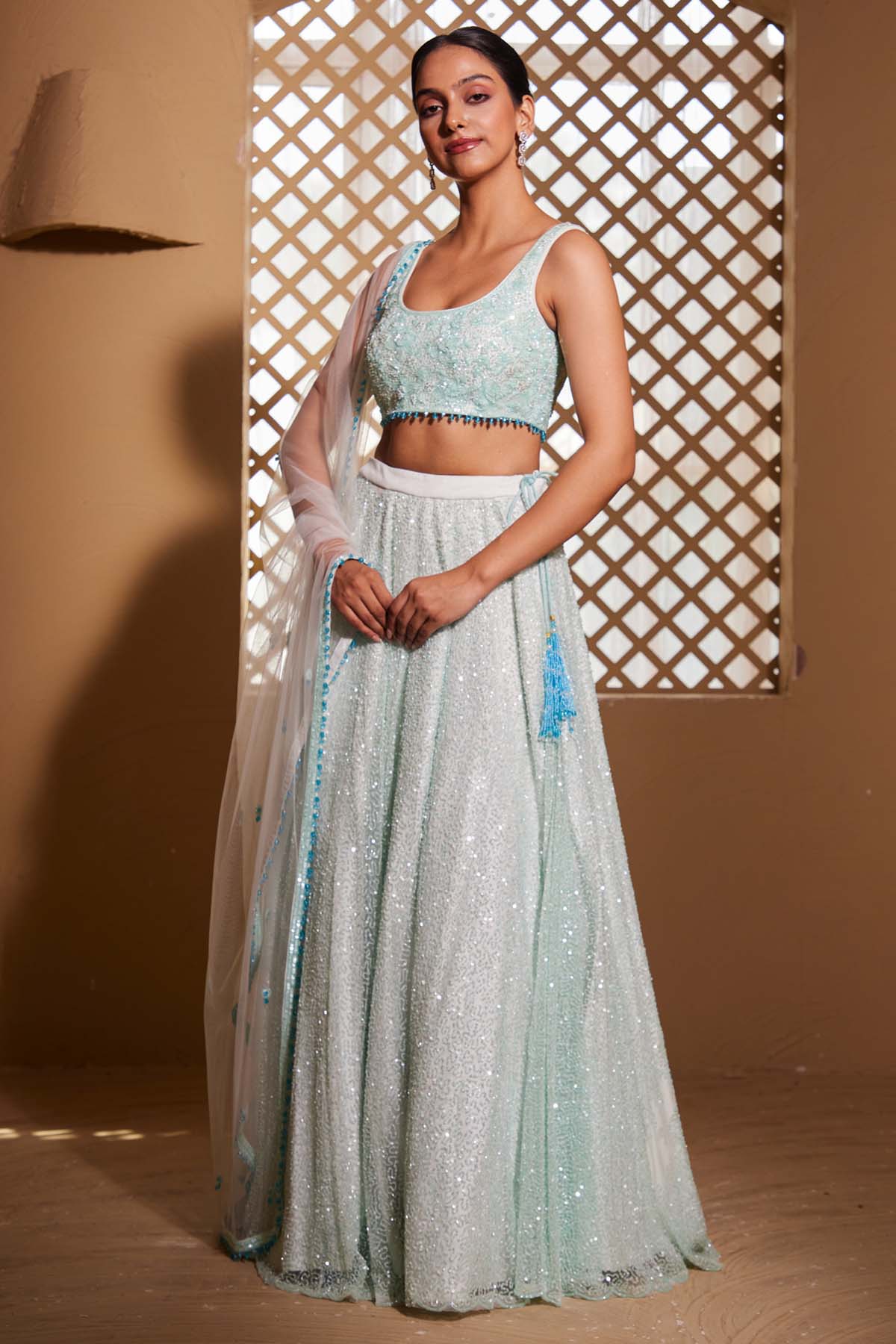 Green Net Handwork Lehenga Set