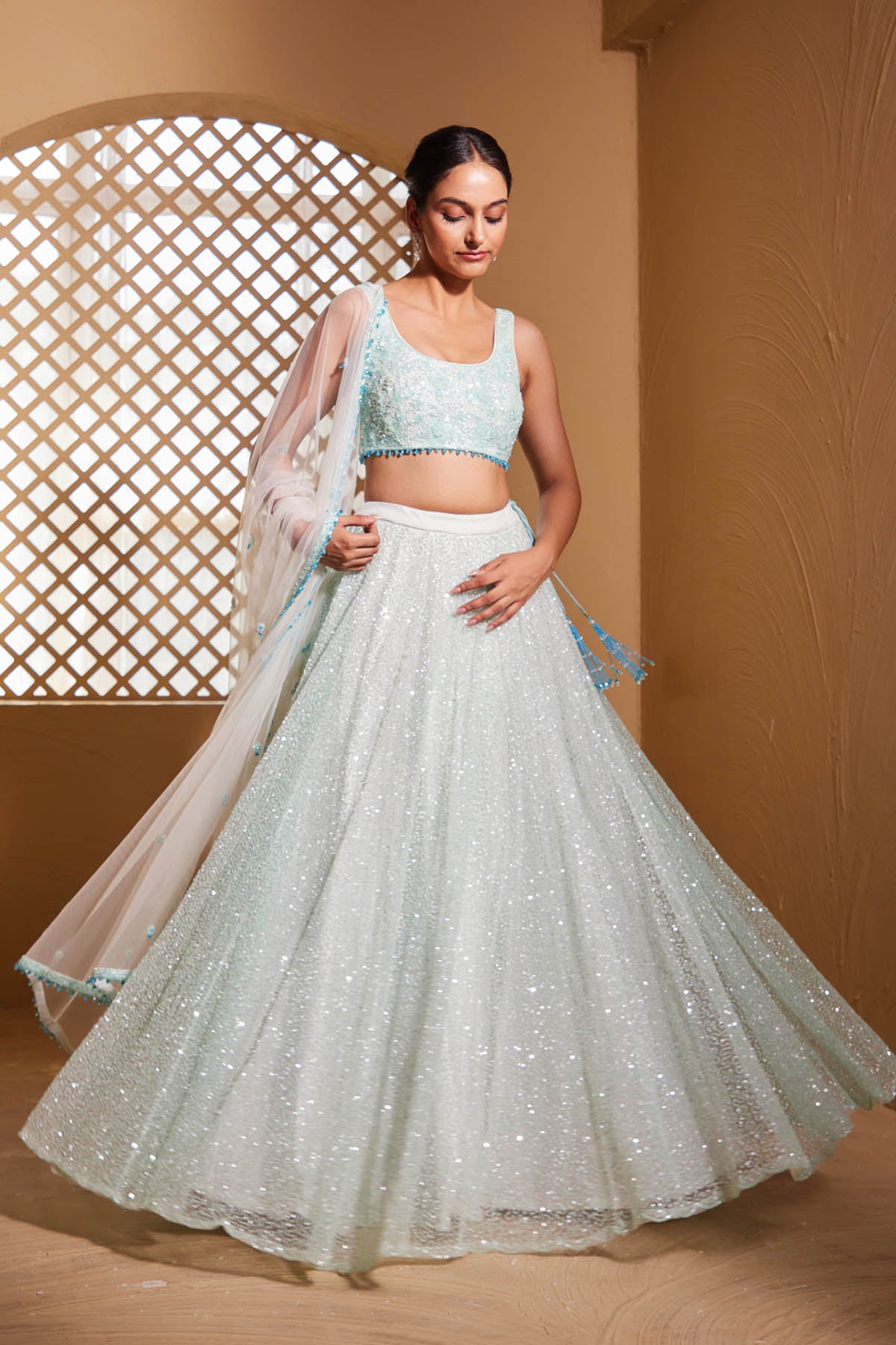 Green Net Handwork Lehenga Set