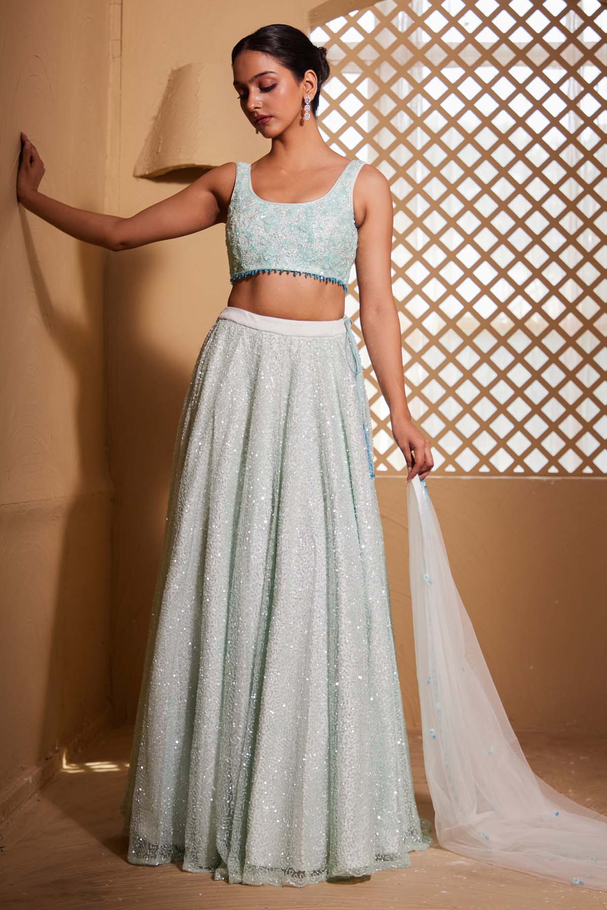 Green Net Handwork Lehenga Set