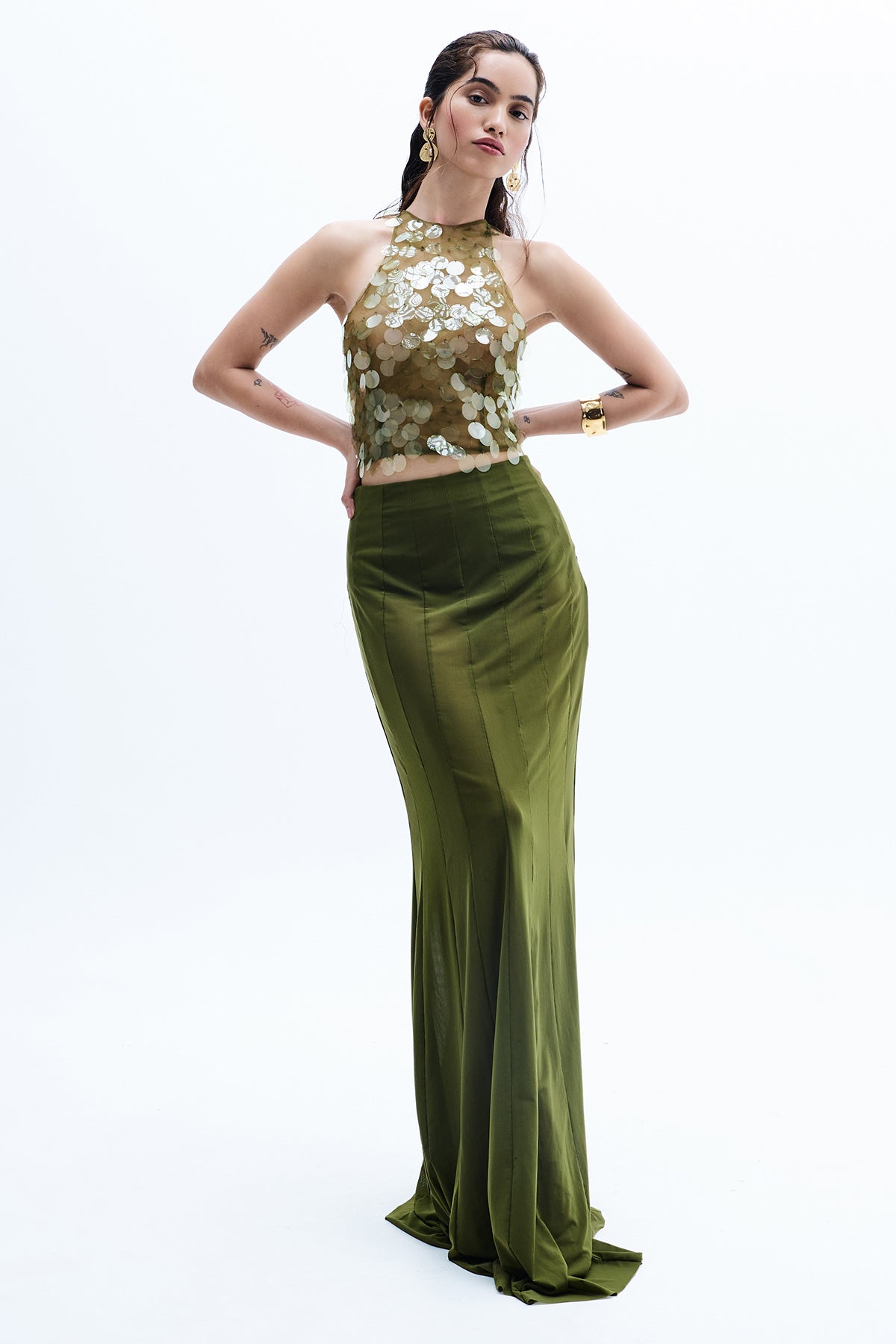 Buy Green Net Sequins Co-ord Set for women by GKDedit online available at scrollnshops