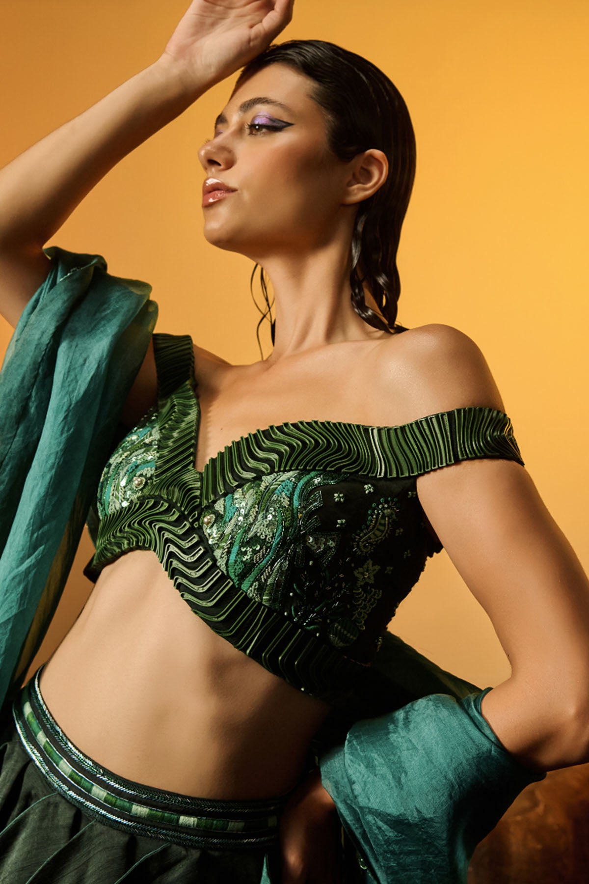 Green Off-Shoulder Lehenga Set