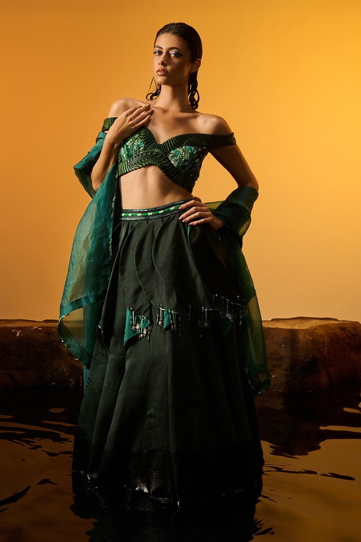 Buy Green Off-Shoulder Lehenga Set by Asaaye for women online at ScrollnShops
