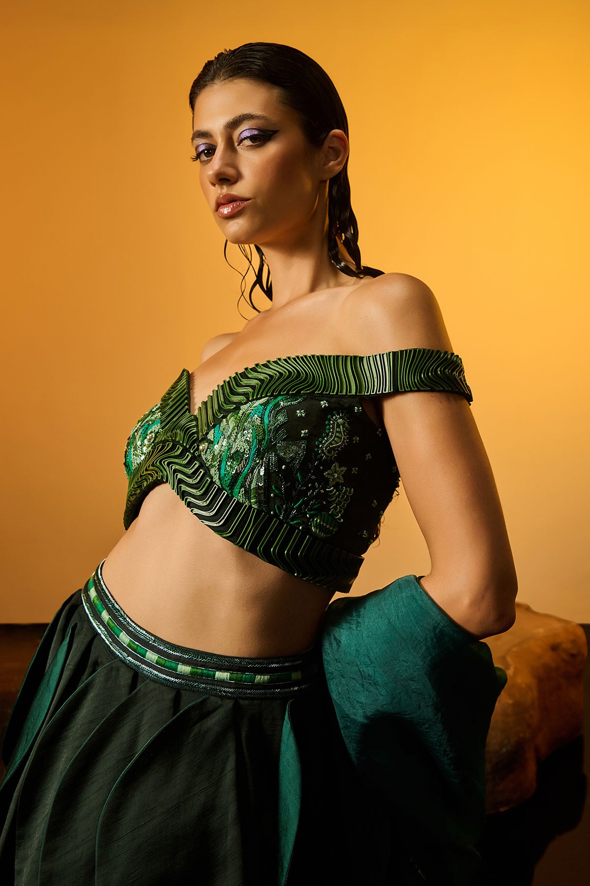 Green Off-Shoulder Lehenga Set