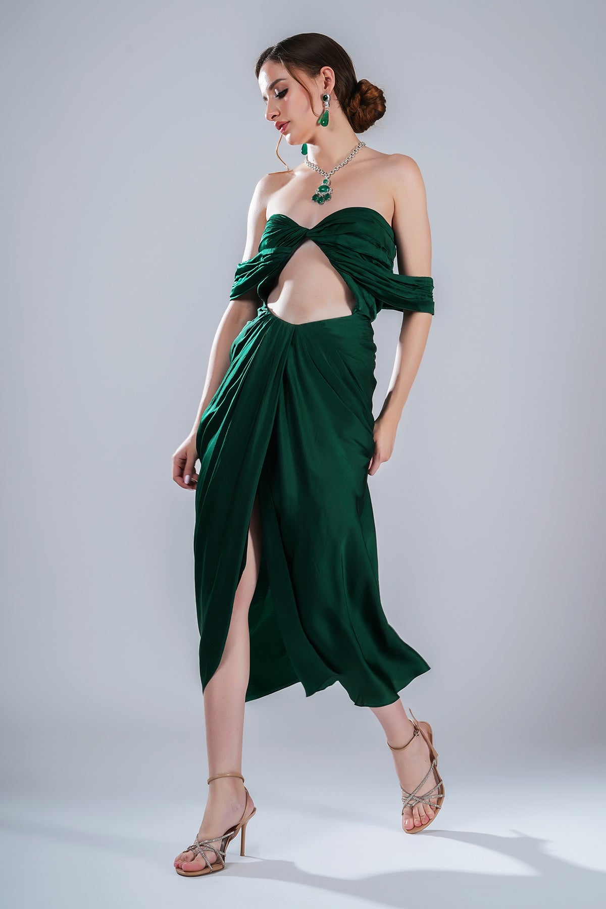 Green Off shoulder Drape Dress