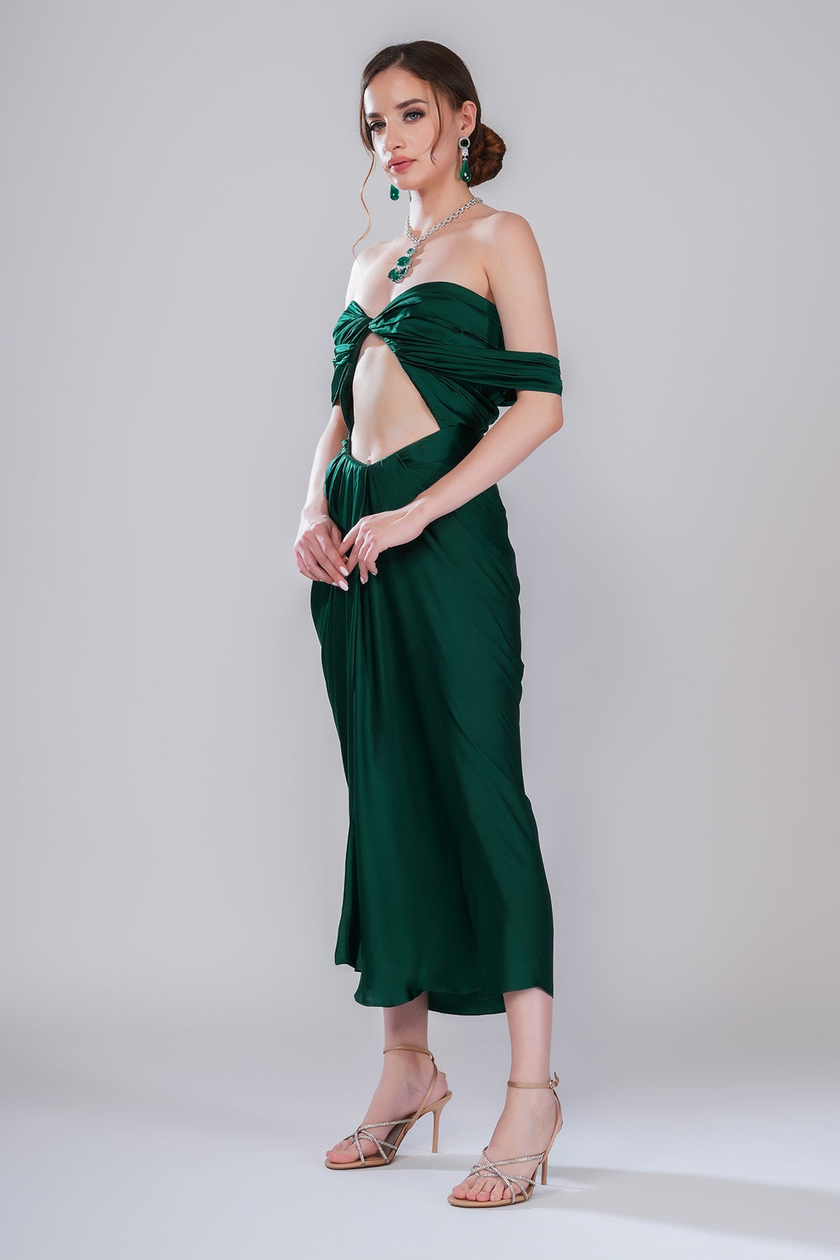 Green Off shoulder Drape Dress