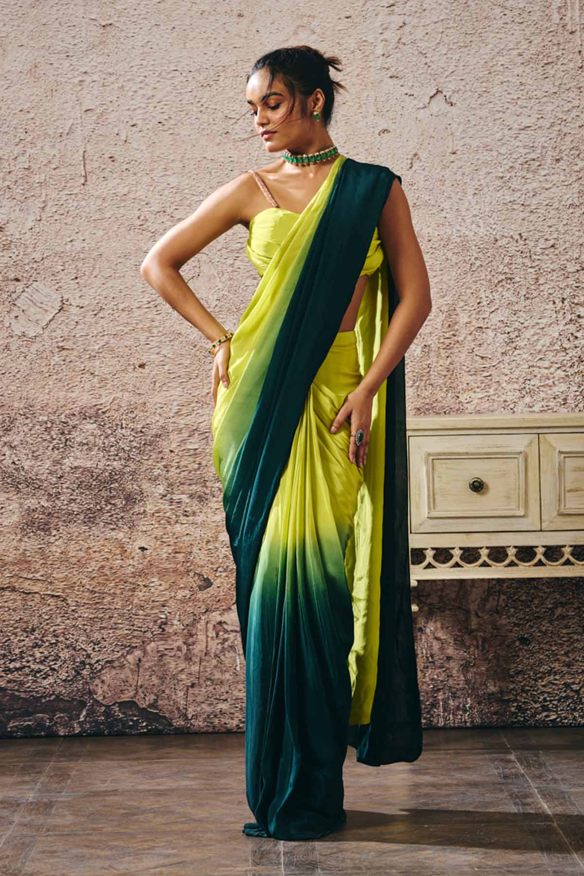 Buy Green Ombre Pre-Draped Saree by Masumi Mewawalla for women online at ScrollnShops