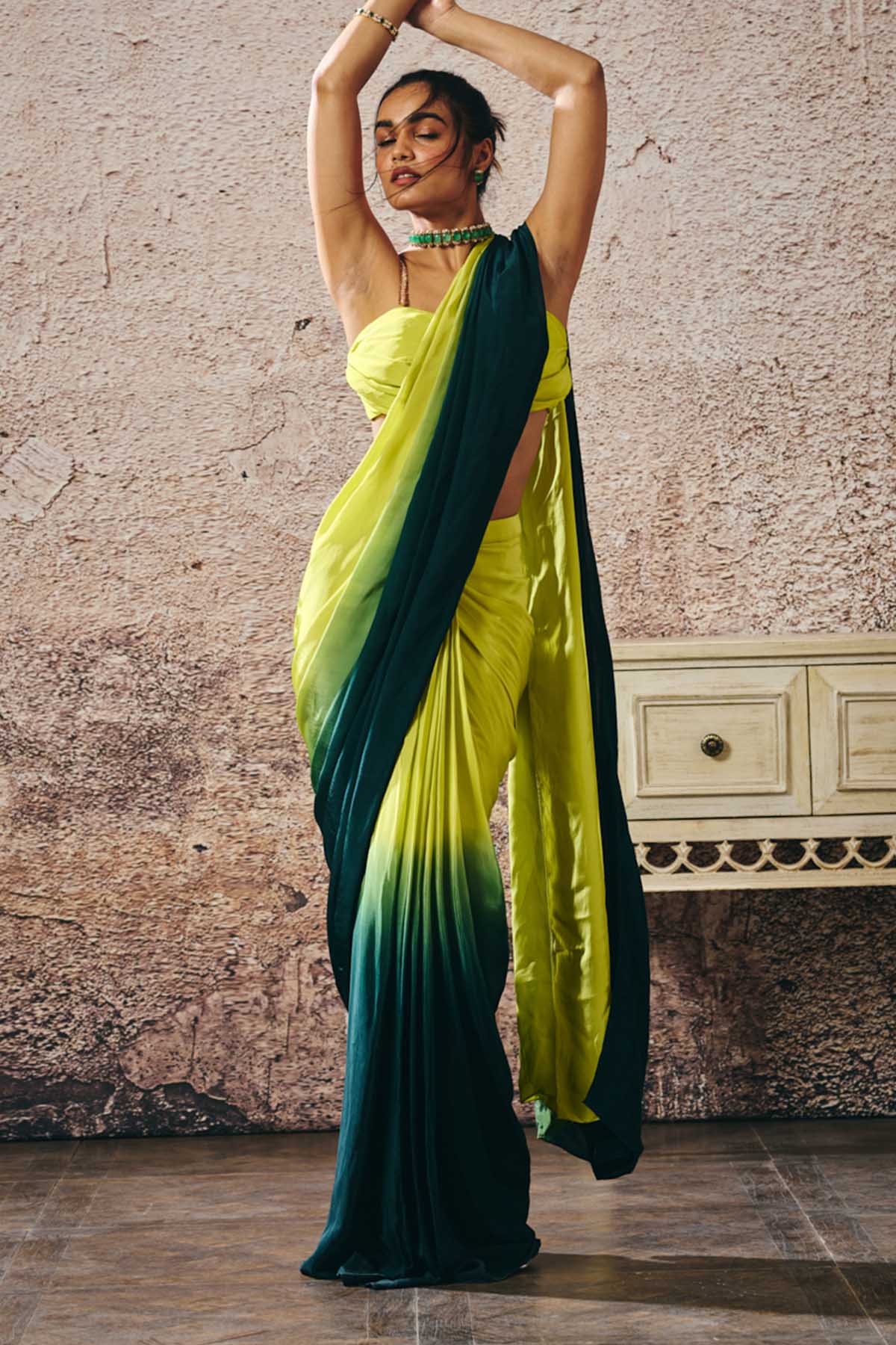 Green Ombre Pre-Draped Saree