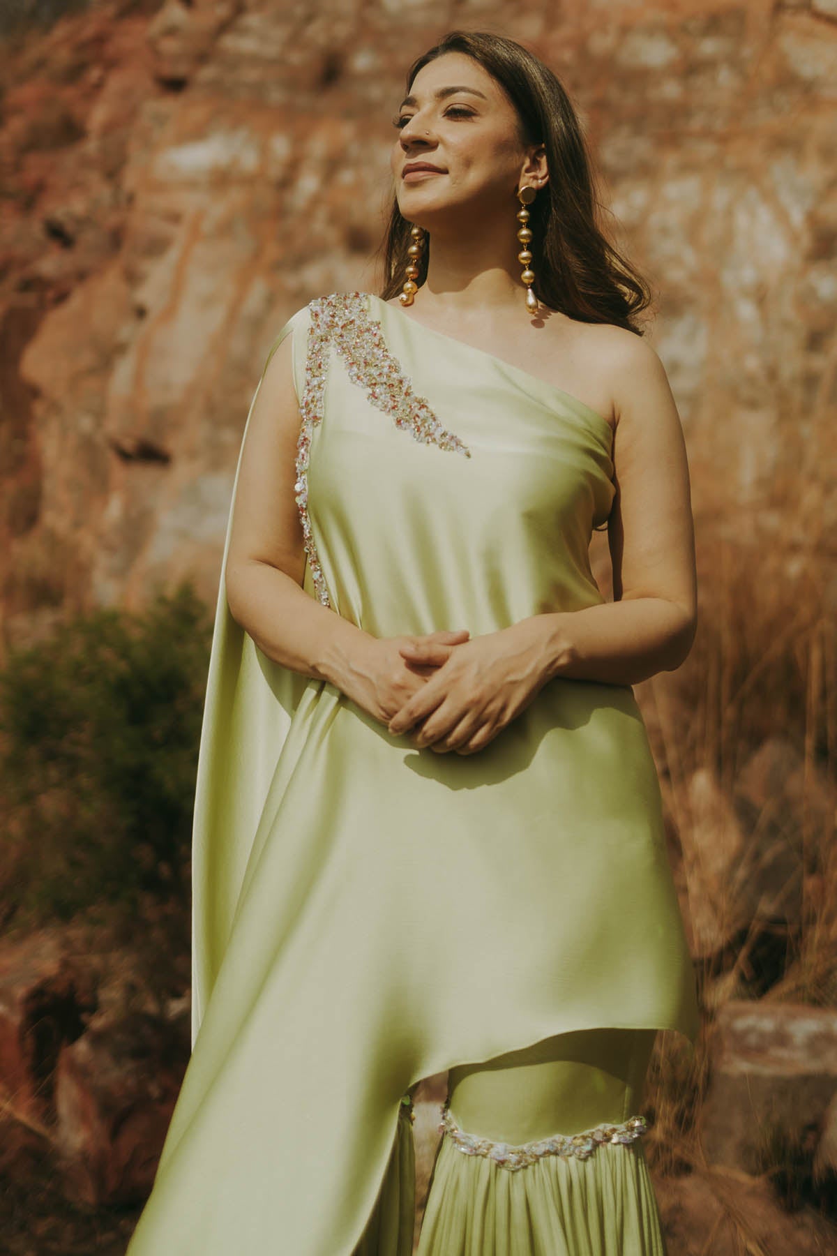 Green One-Shoulder Sharara Set