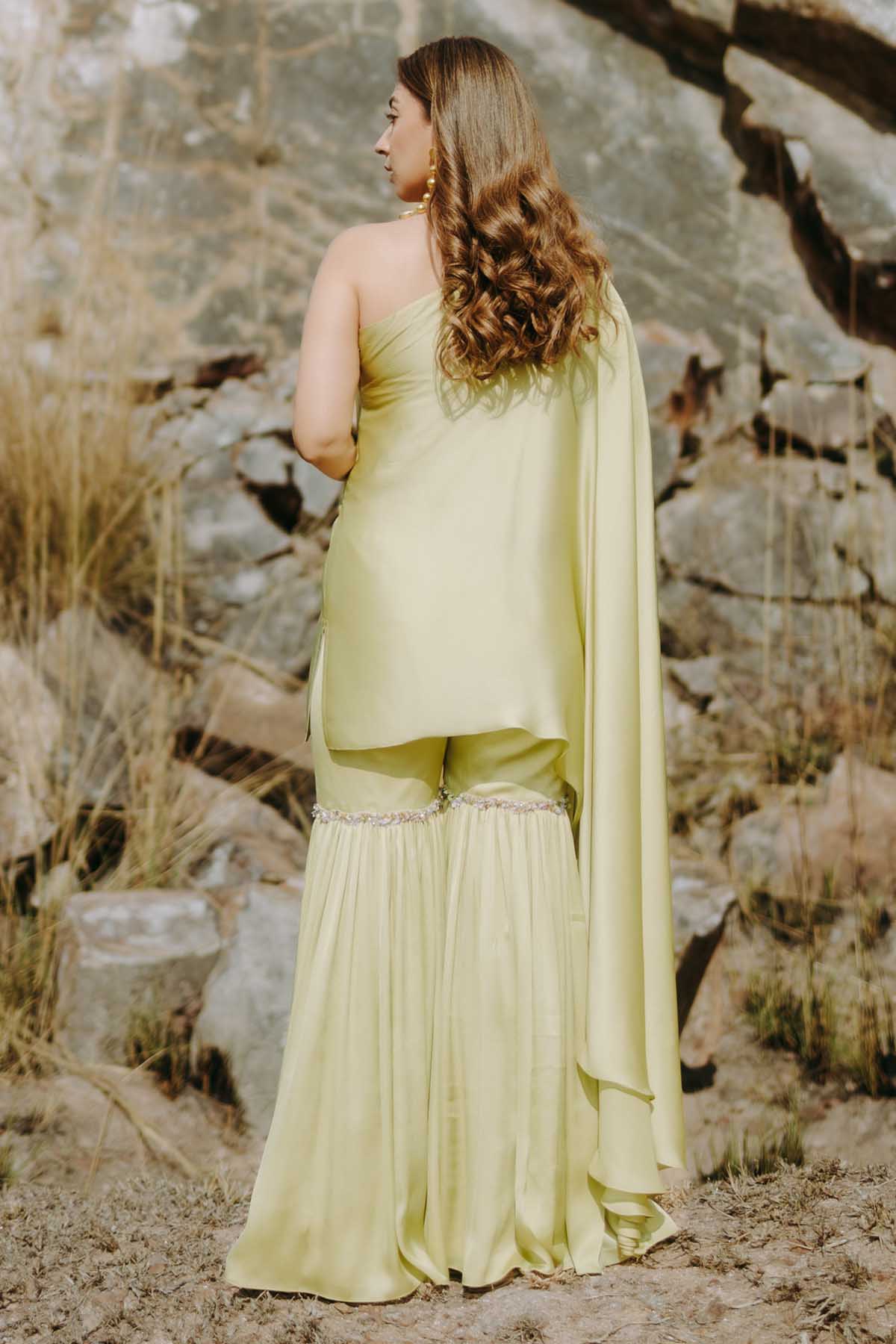 Green One-Shoulder Sharara Set