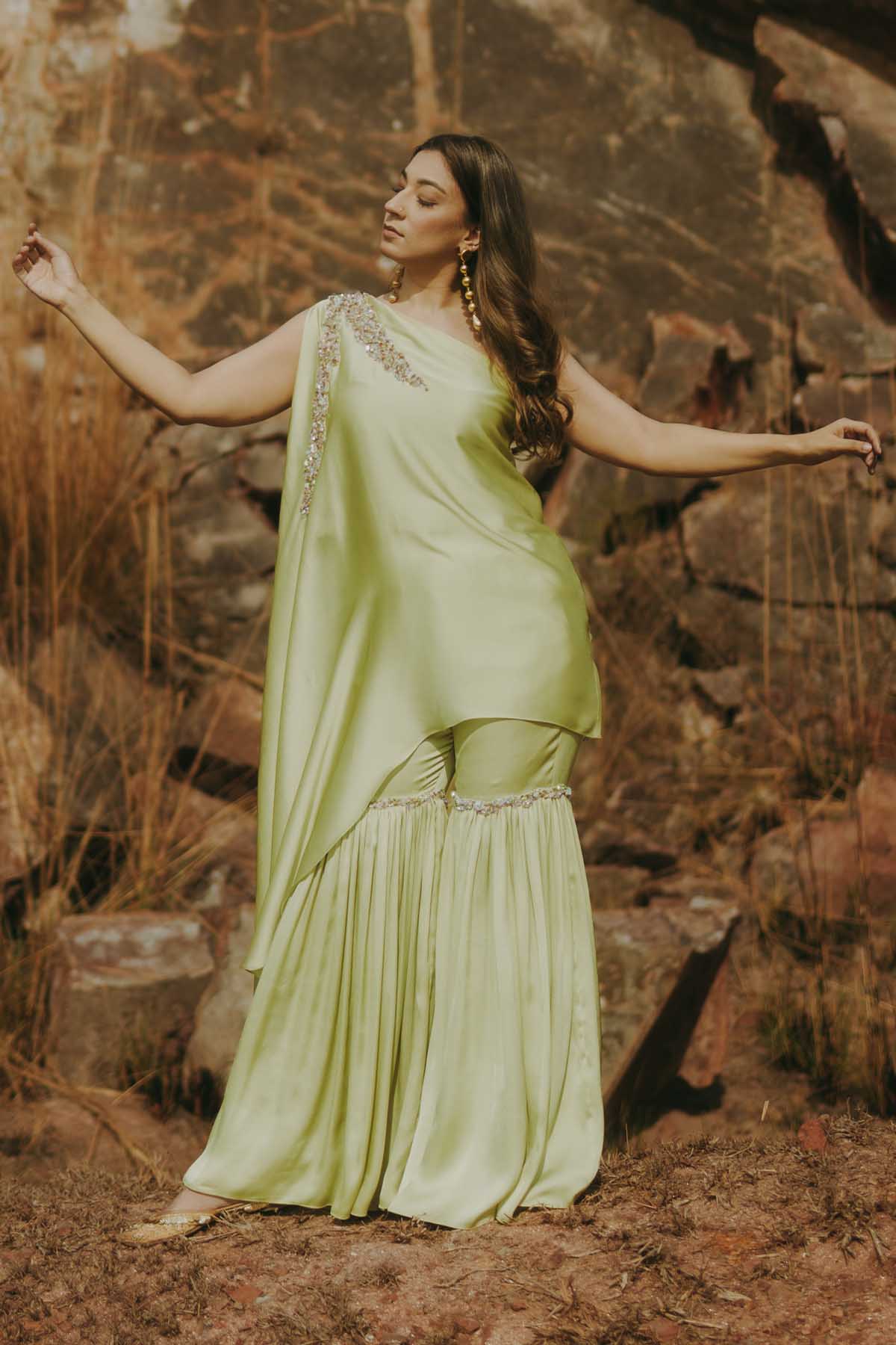 Kaprapan Green One-Shoulder Sharara Set for women online at ScrollnShops