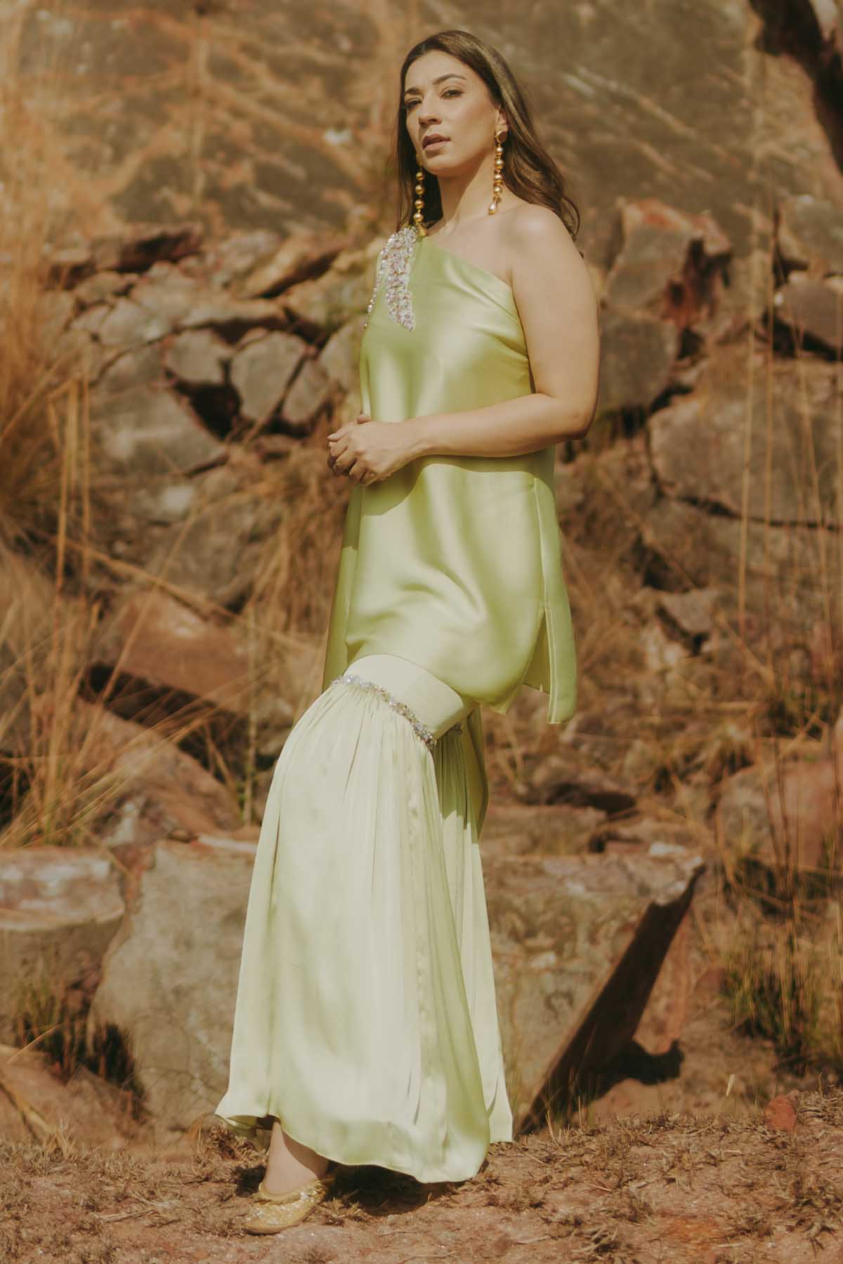 Green One-Shoulder Sharara Set