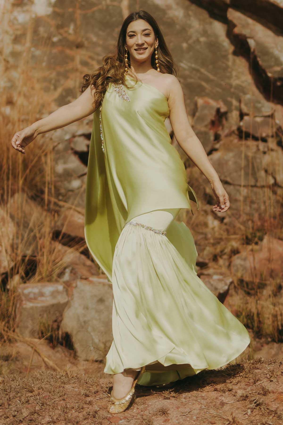 Green One-Shoulder Sharara Set