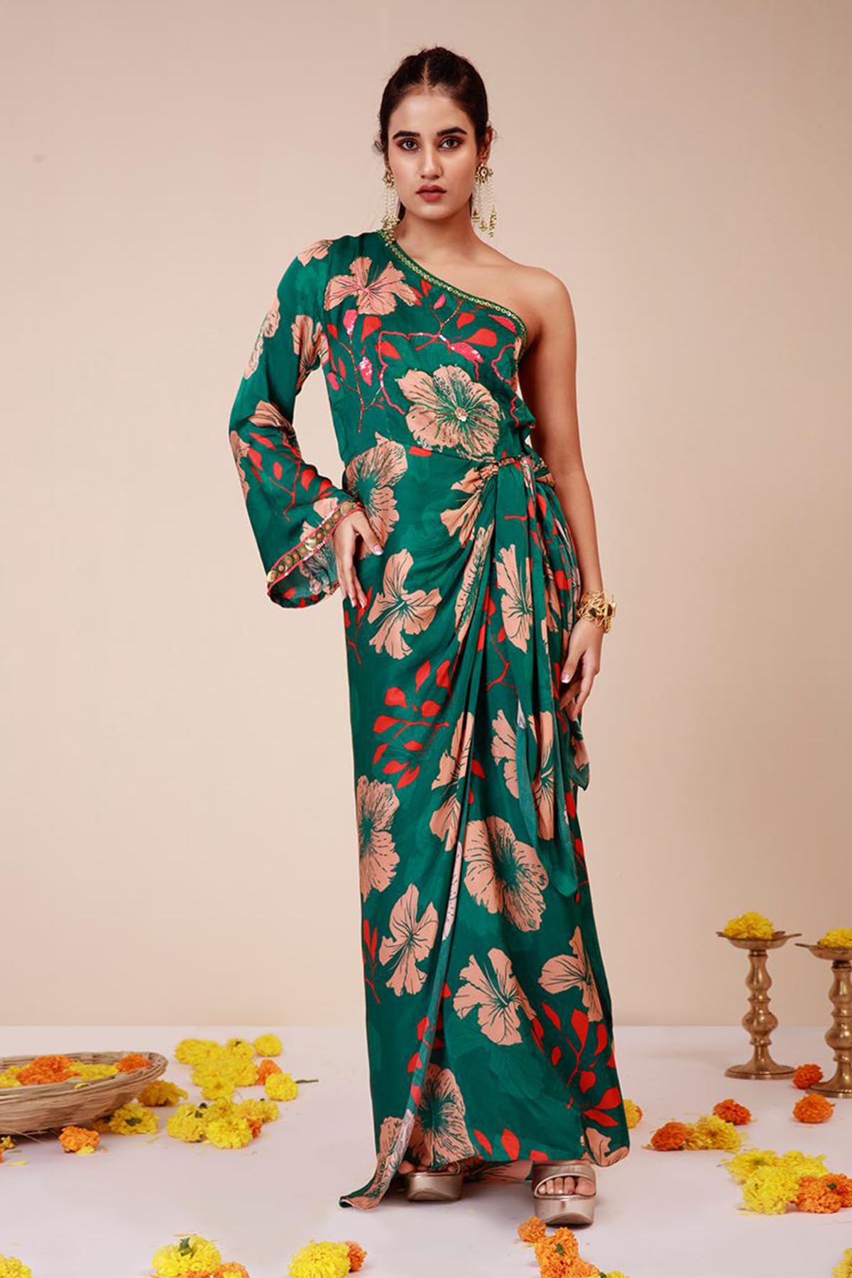 Buy Green One Shoulder Tie-Up Dress by Niyami for women online at ScrollnShops