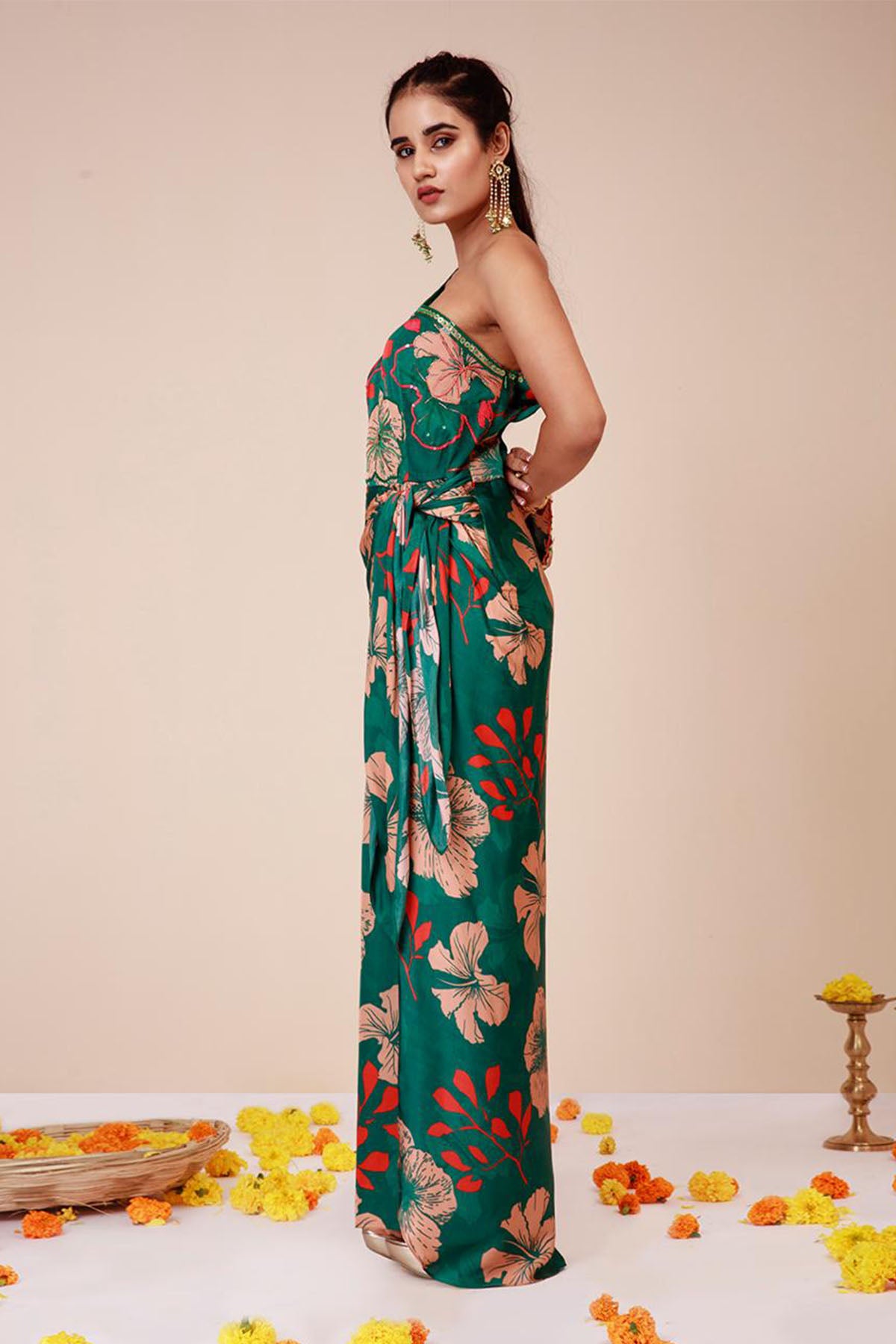 Green One Shoulder Tie-Up Dress