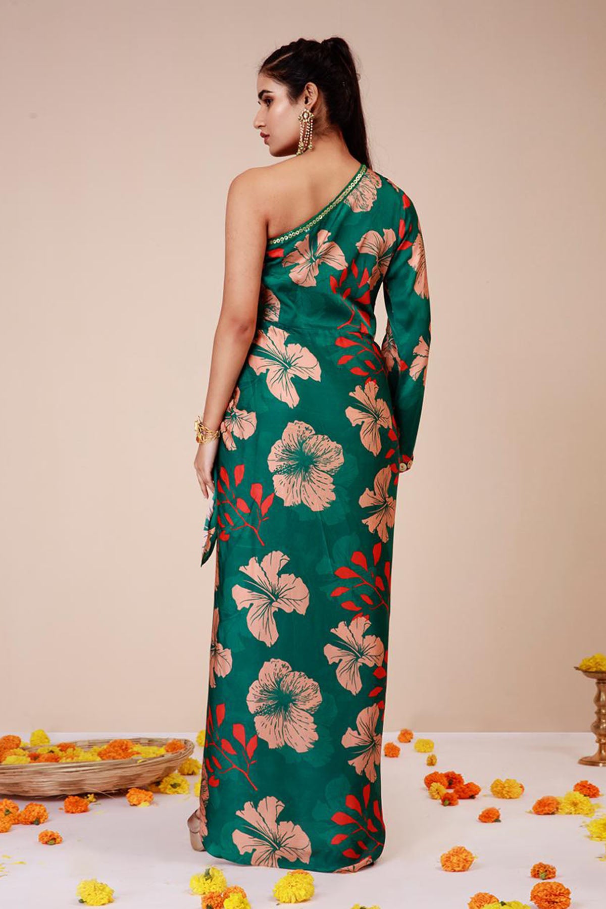 Green One Shoulder Tie-Up Dress