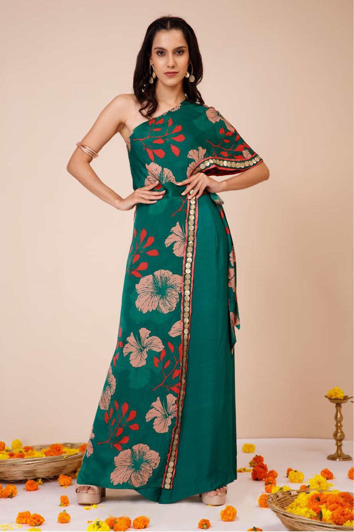 Buy Green One Shoulder Top & Pants by Niyami for women online at ScrollnShops