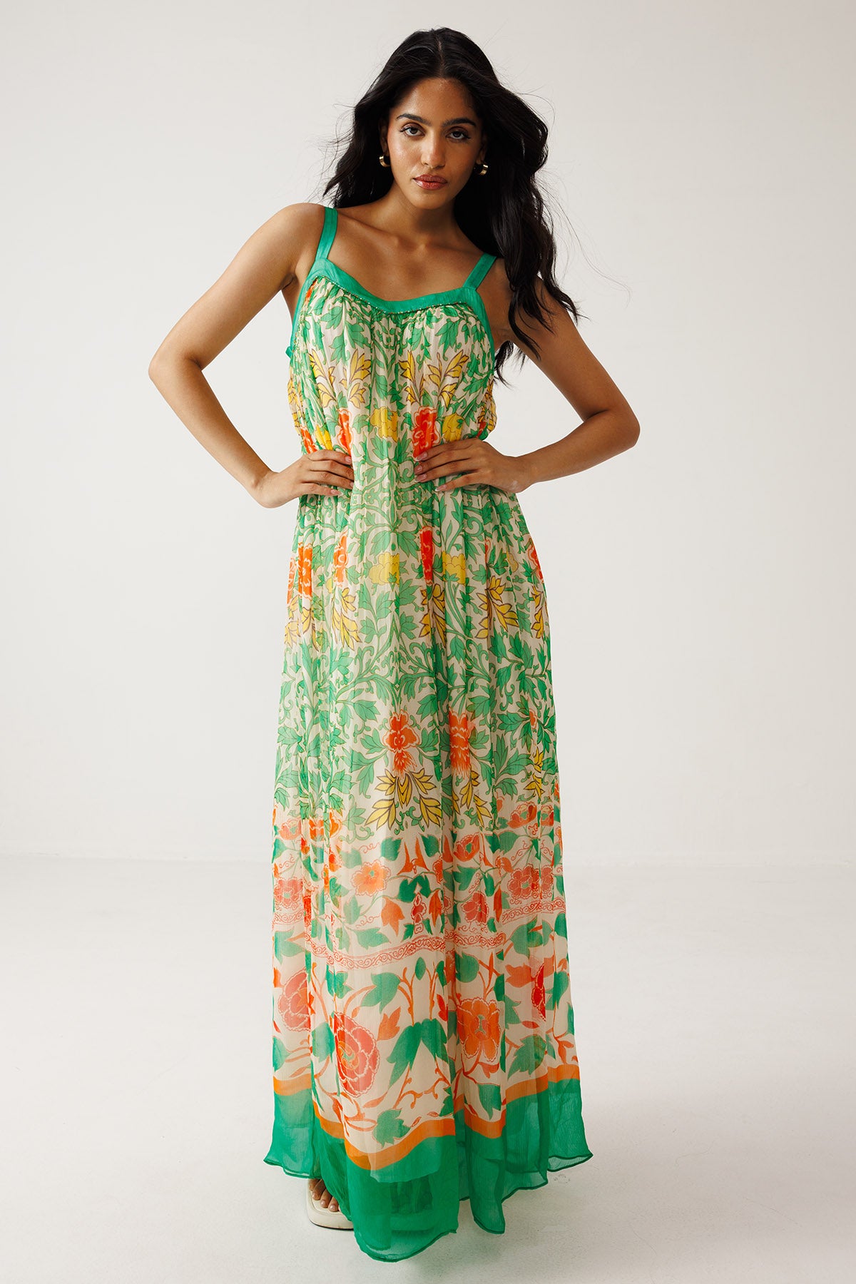 Green Orange Printed Maxi Dress