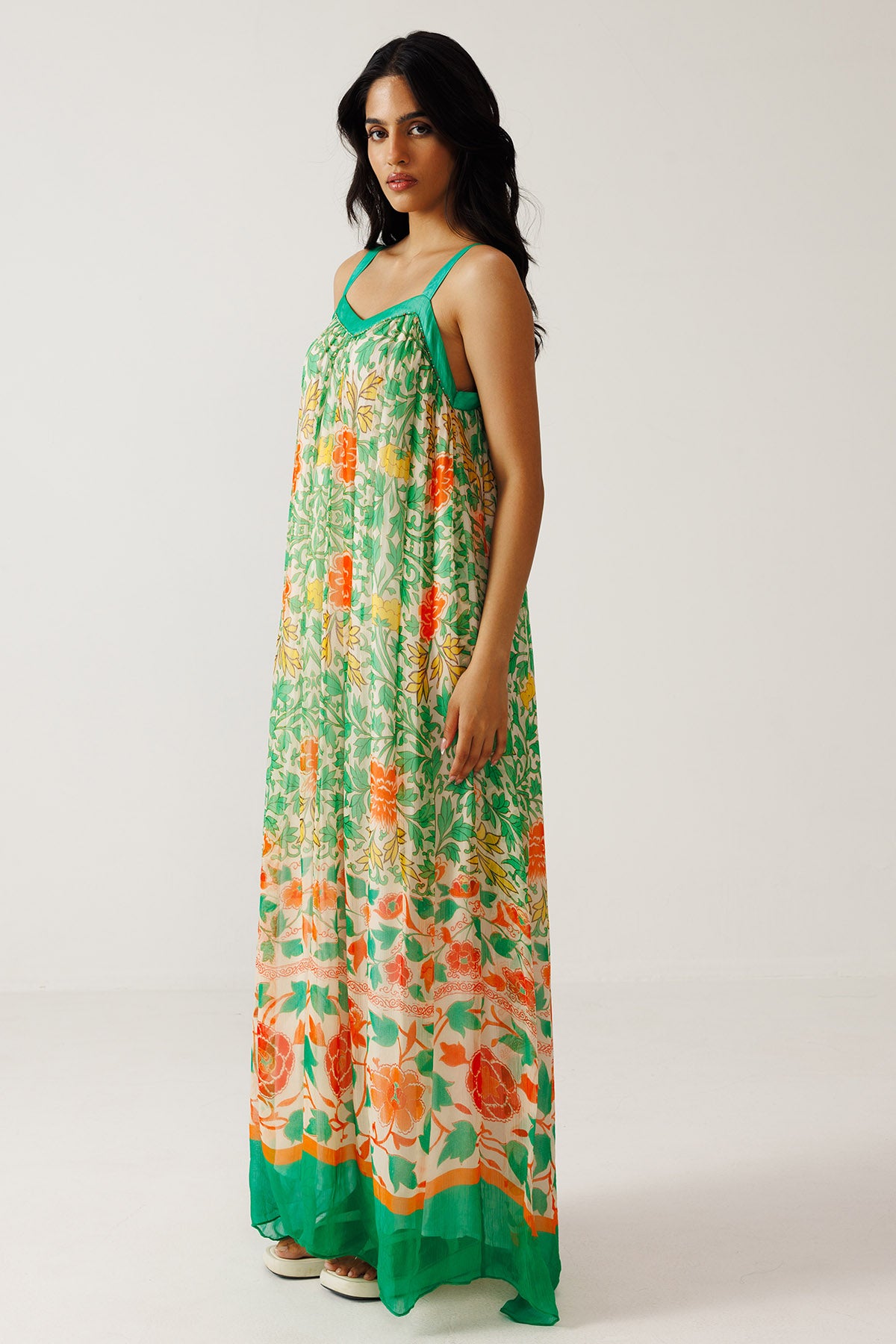 Green Orange Printed Maxi Dress