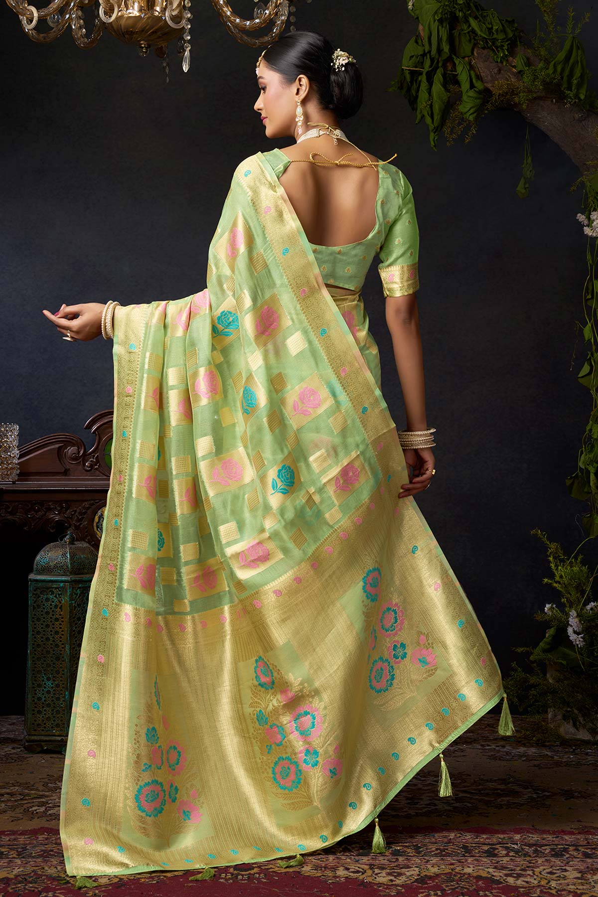 Green Organza Khadi Zari Saree