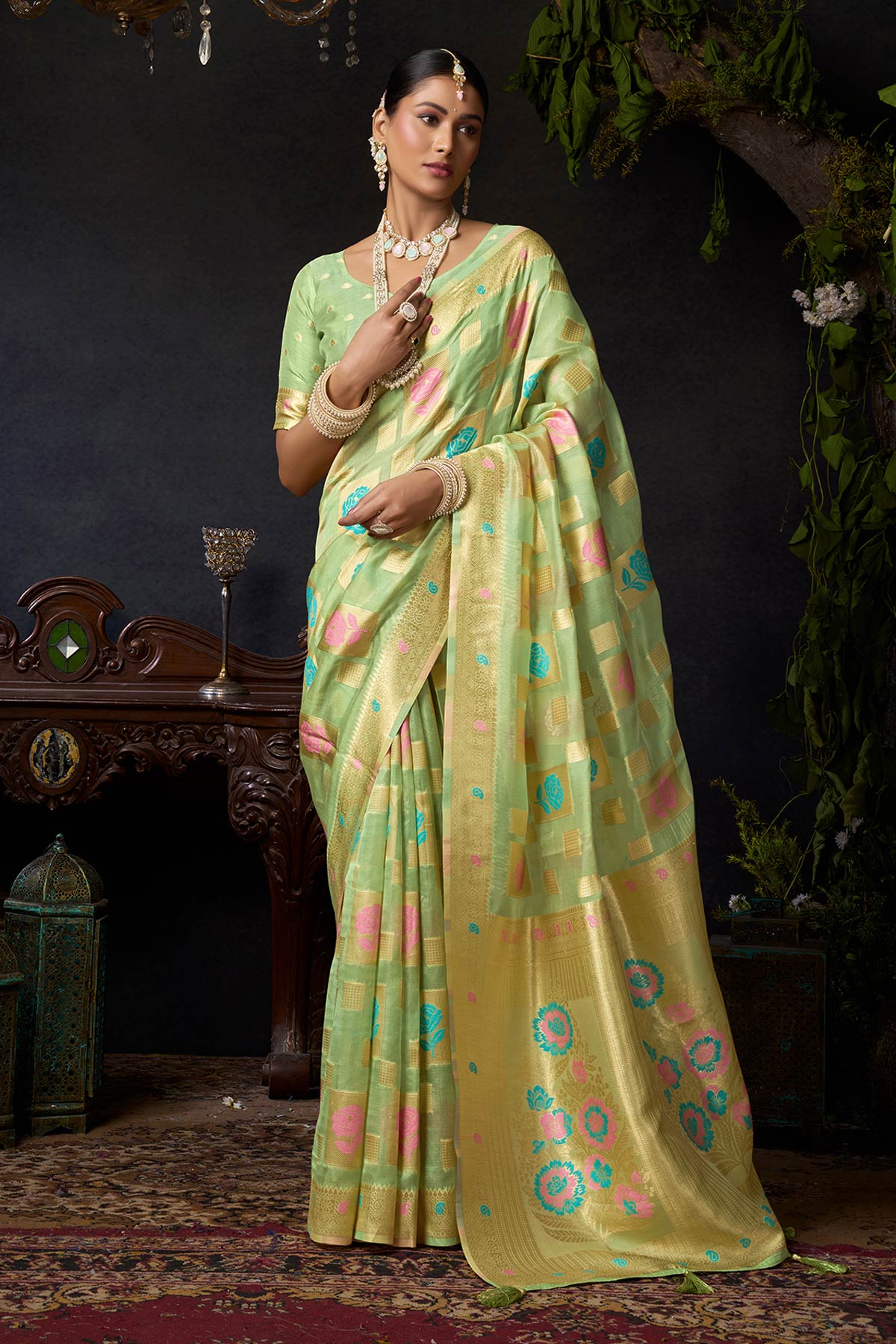 Buy Green Organza Khadi Zari Saree for women by Jyoti Fashion online available at scrollnshops