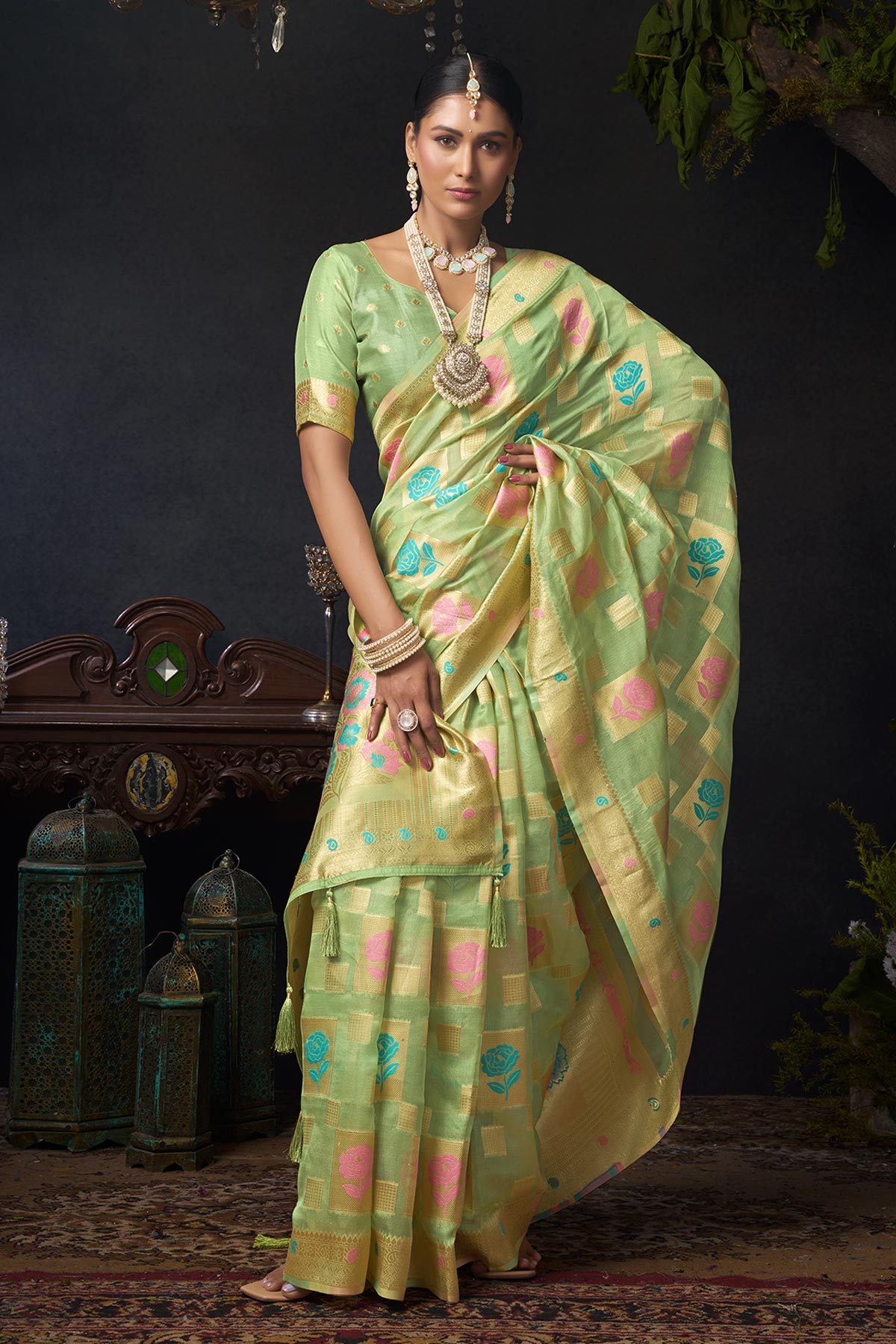Green Organza Khadi Zari Saree