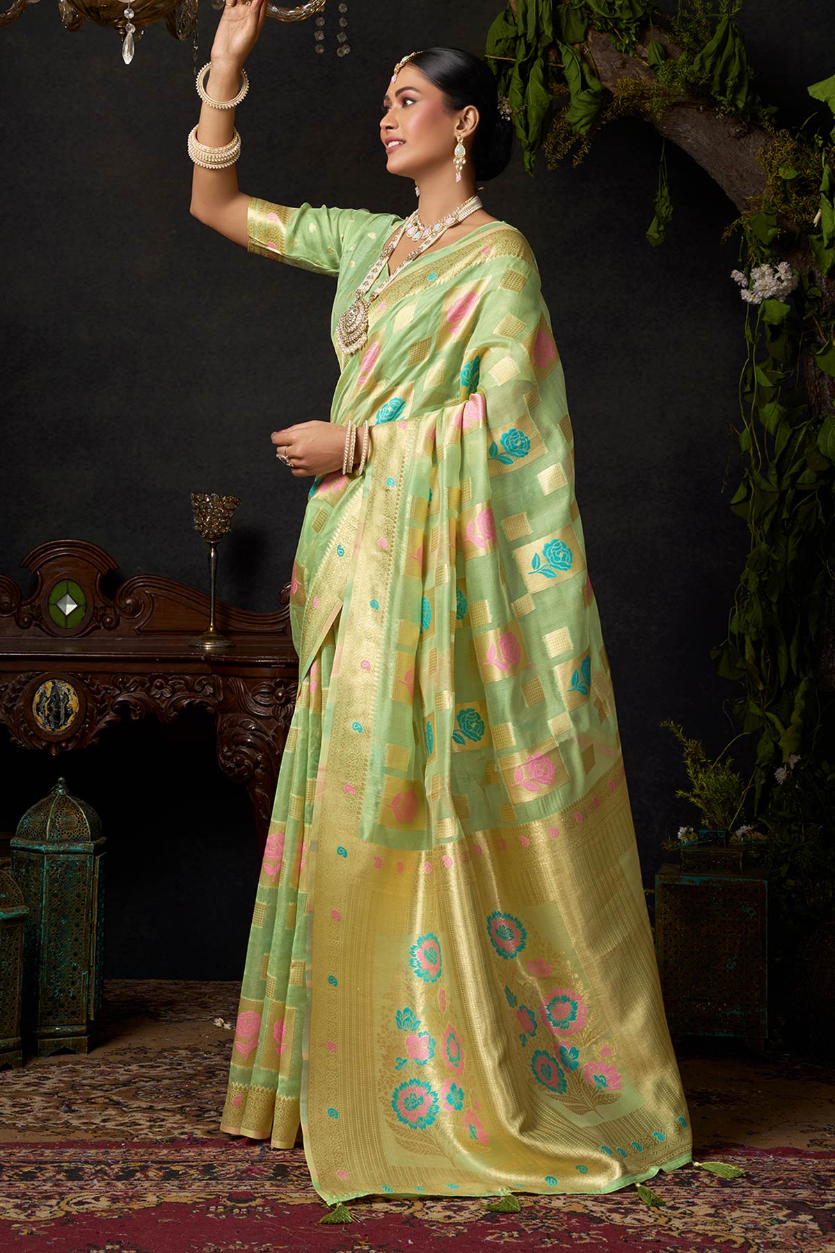 Green Organza Khadi Zari Saree