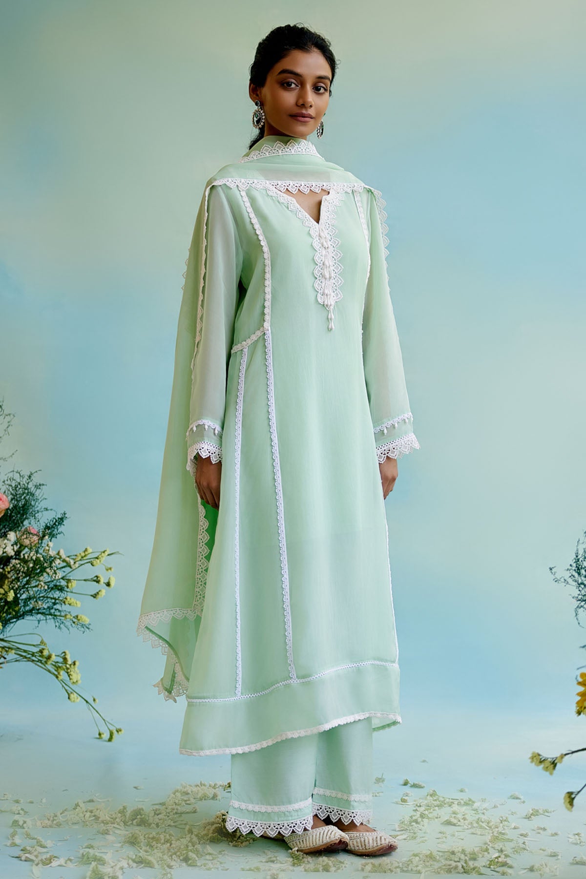 Nero Green Organza Lace Dupatta Accessories online at ScrollnShops