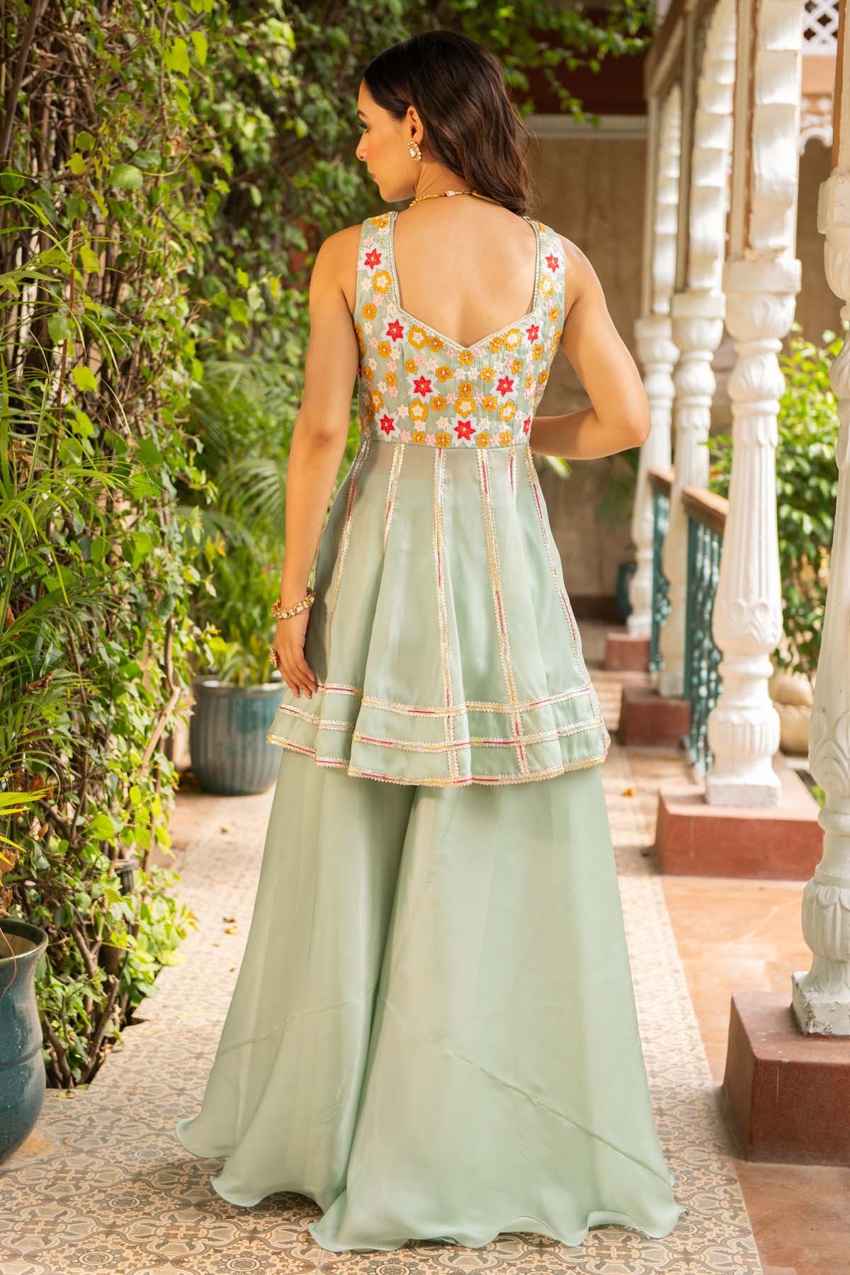Green Organza Peplum Kurta Set