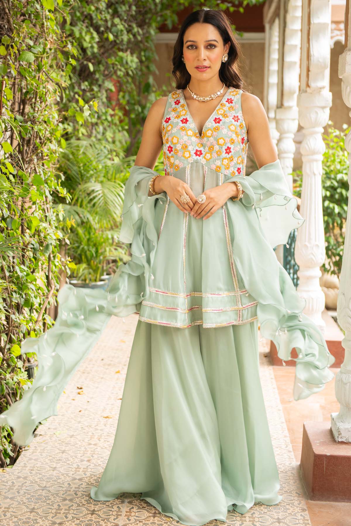 Green Organza Peplum Kurta Set