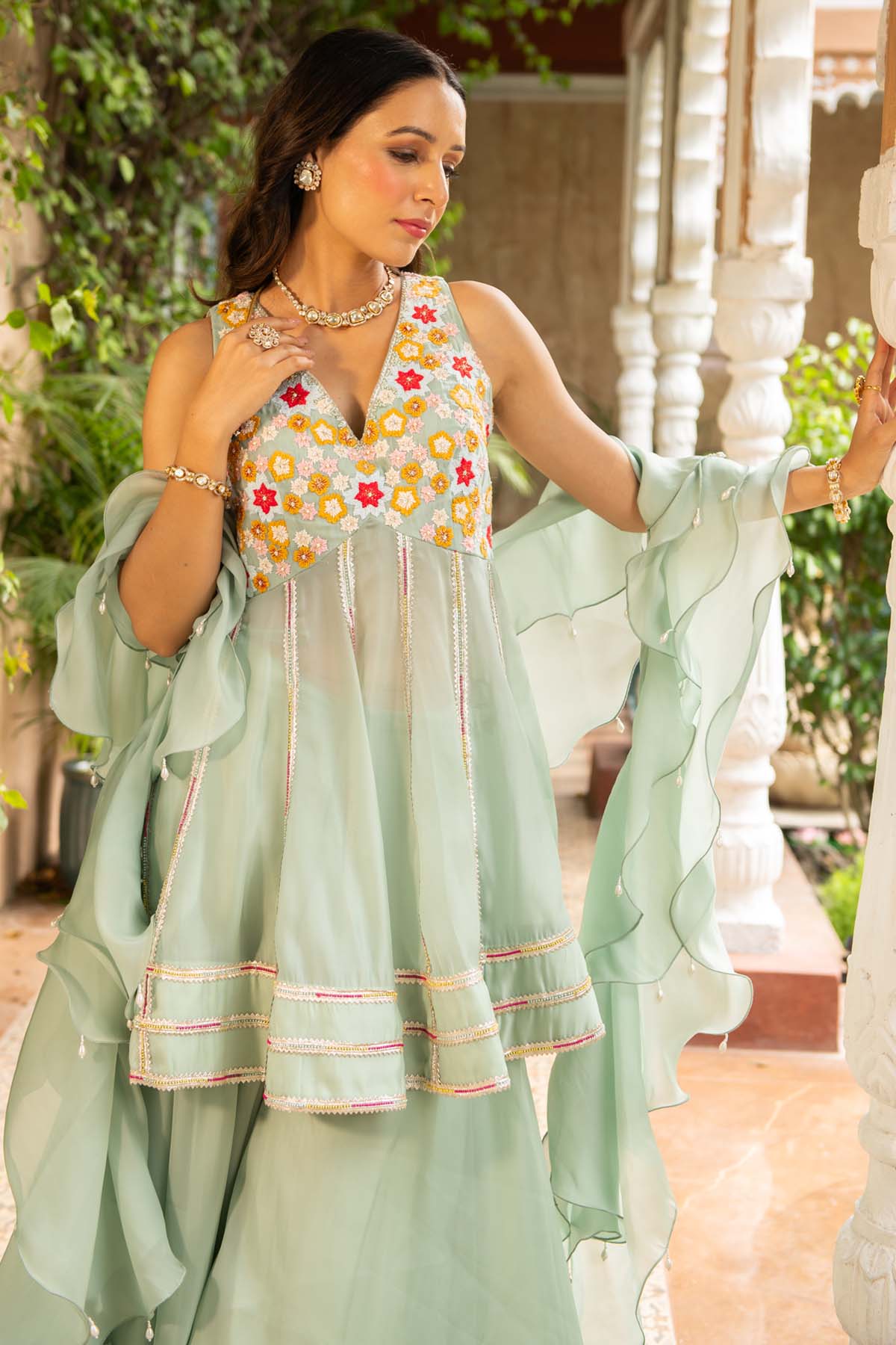 Green Organza Peplum Kurta Set