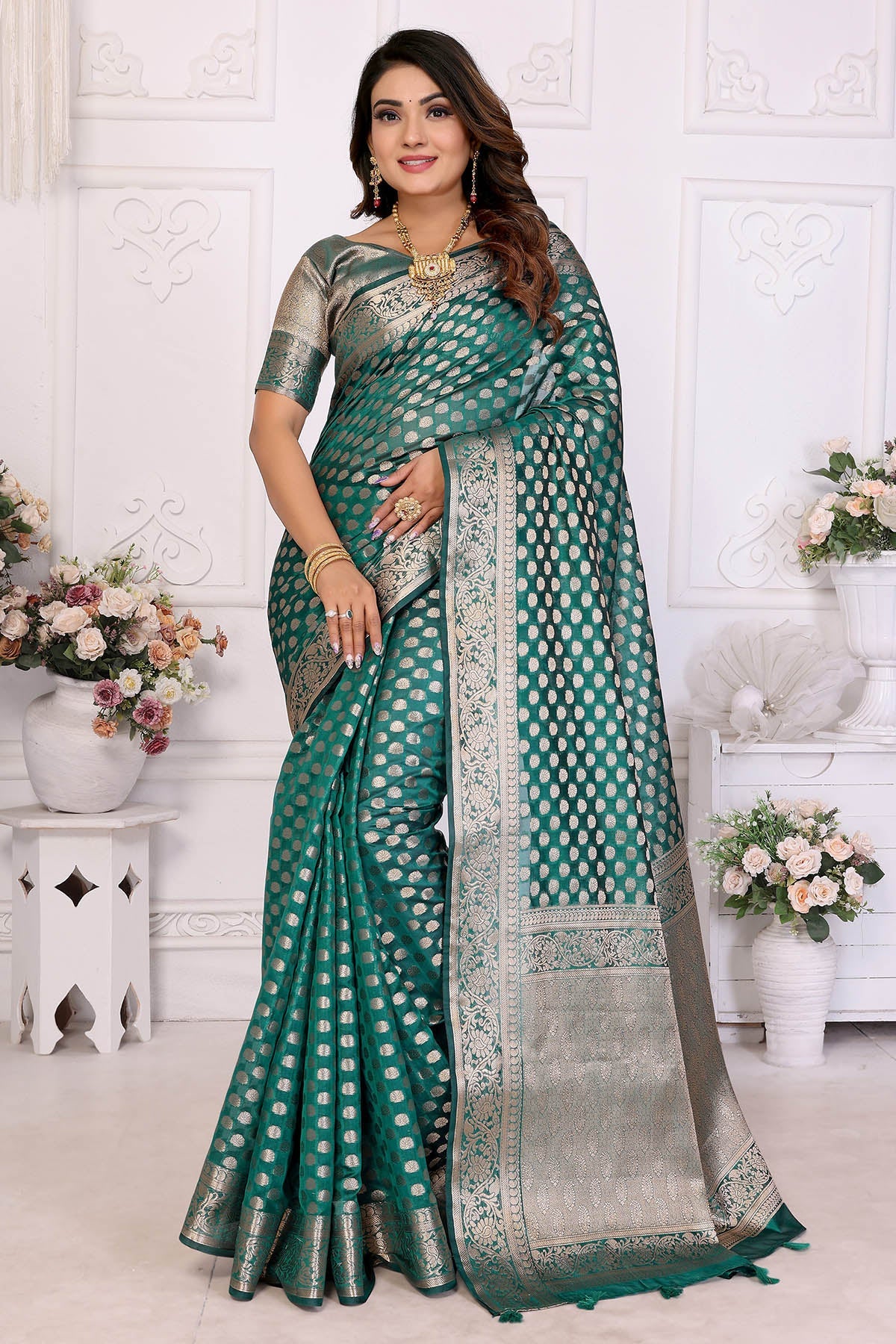 Buy Green Organza Silk Fancy Saree for women by Aastha Fashion online available at scrollnshops