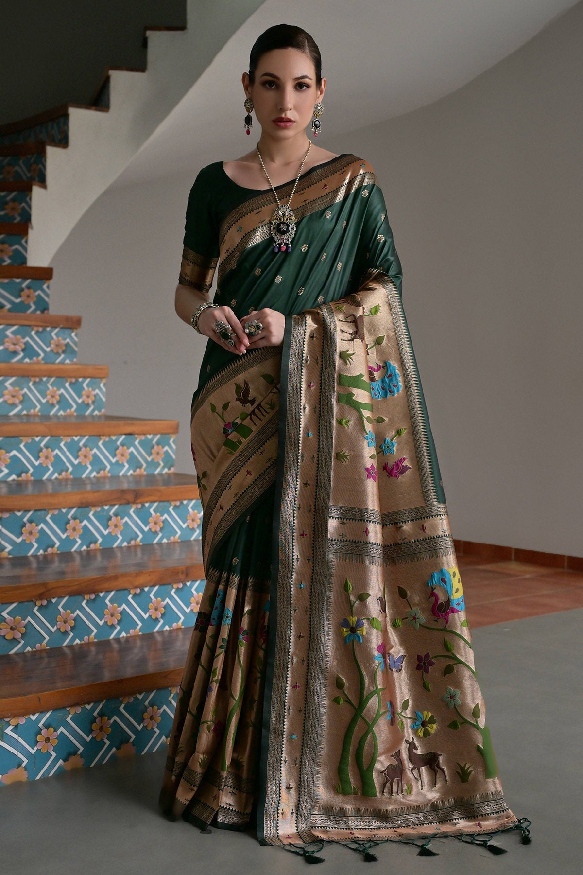 Buy Green Paithani Silk Woven Saree for women by Lili Lala Designer online available at scrollnshops