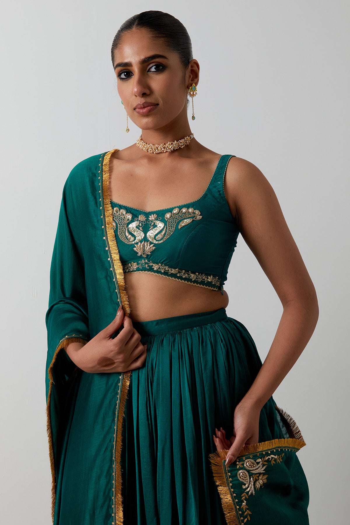 Green Peacock Motif Lehenga Set