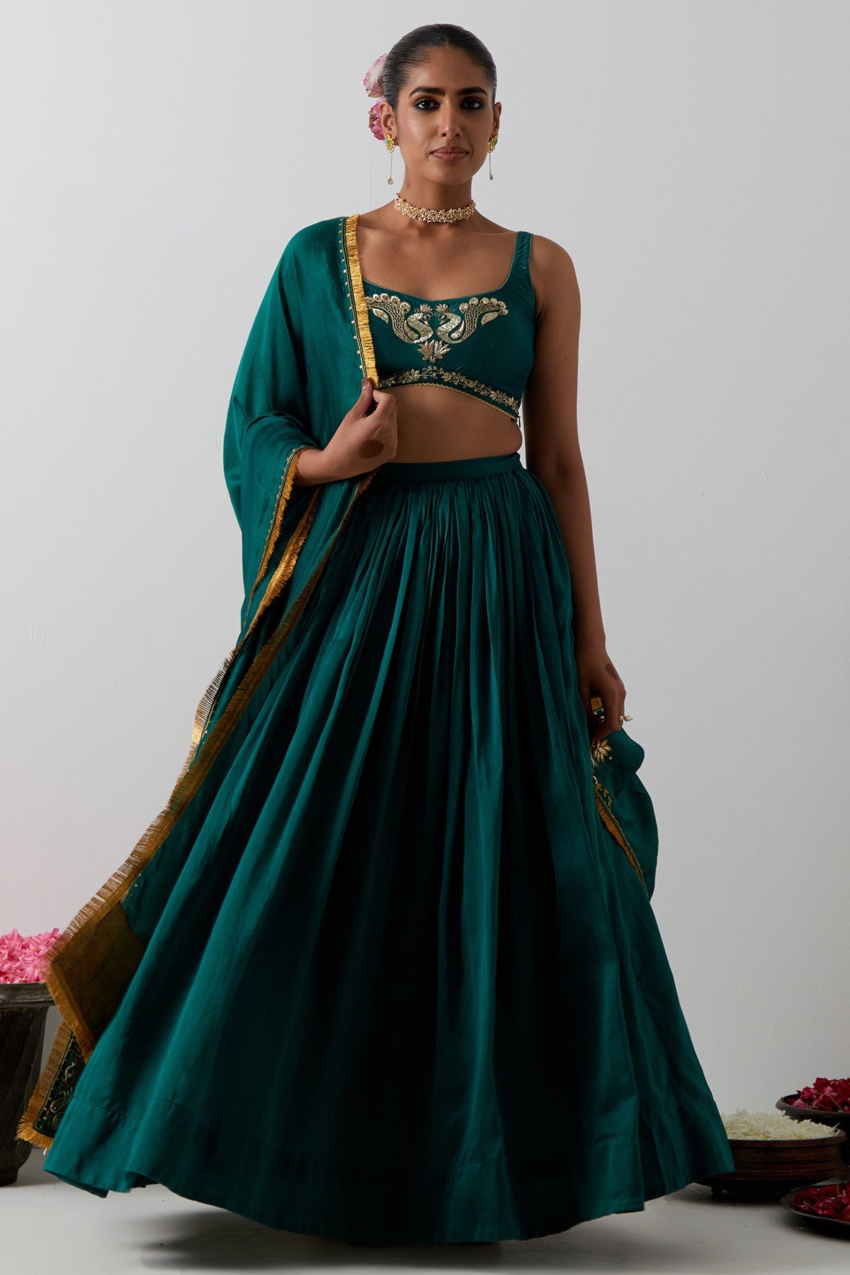 Buy Green Peacock Motif Lehenga Set for women by Vinusto online available at scrollnshops