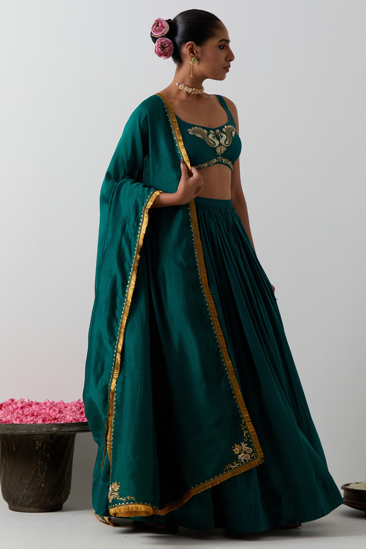 Green Peacock Motif Lehenga Set