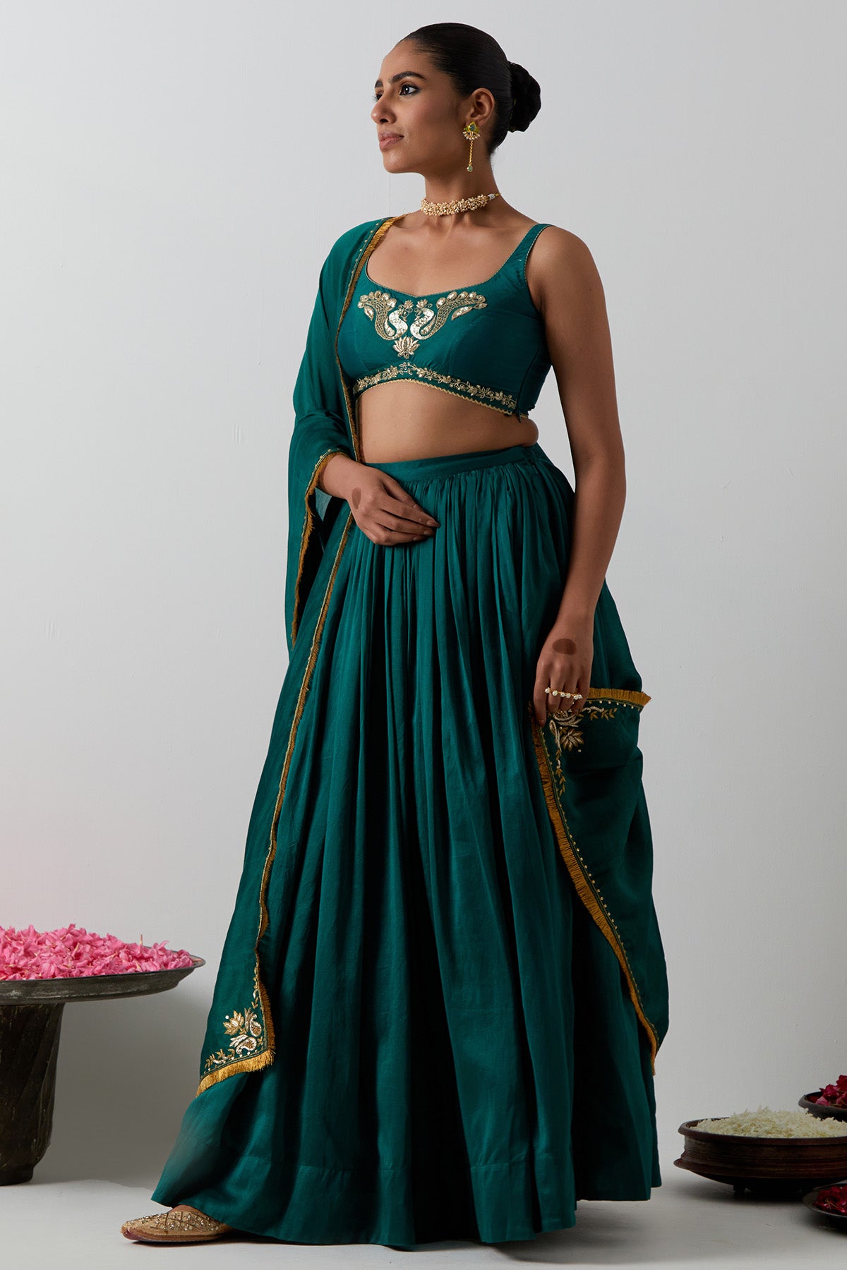 Green Peacock Motif Lehenga Set