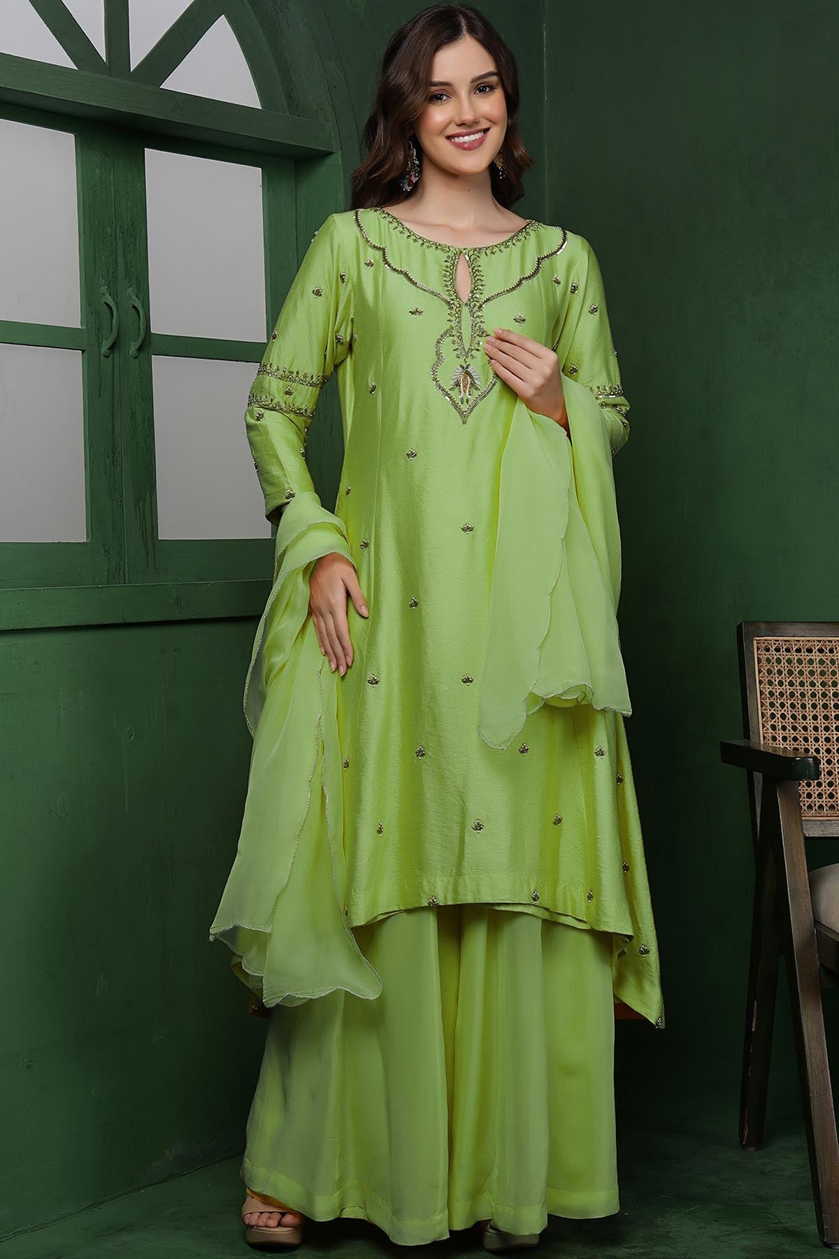 Buy Green Pearl & Cutdana Kurta Set for women by Milu Madan online available at scrollnshops
