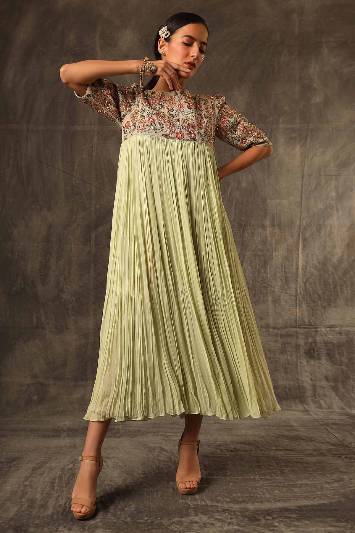 Buy Green Pearl Embroidered Dress by Sejal Kamdar for women online at ScrollnShops