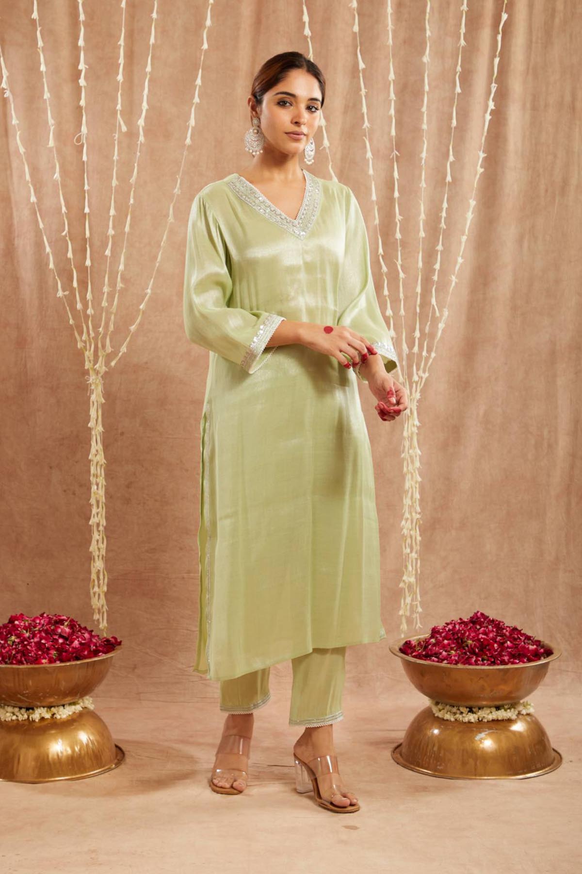 Buy Green Pearl Tissue Kurta & Pants by Nero for women online at ScrollnShops