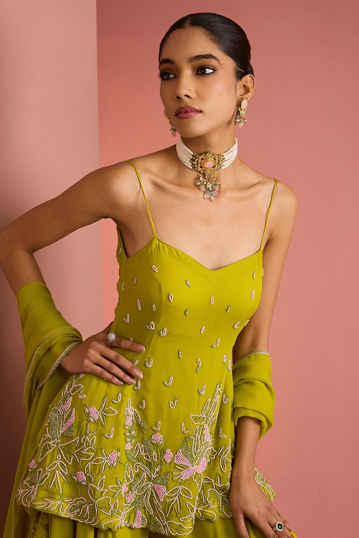 Green Peplum Bead Sharara Set