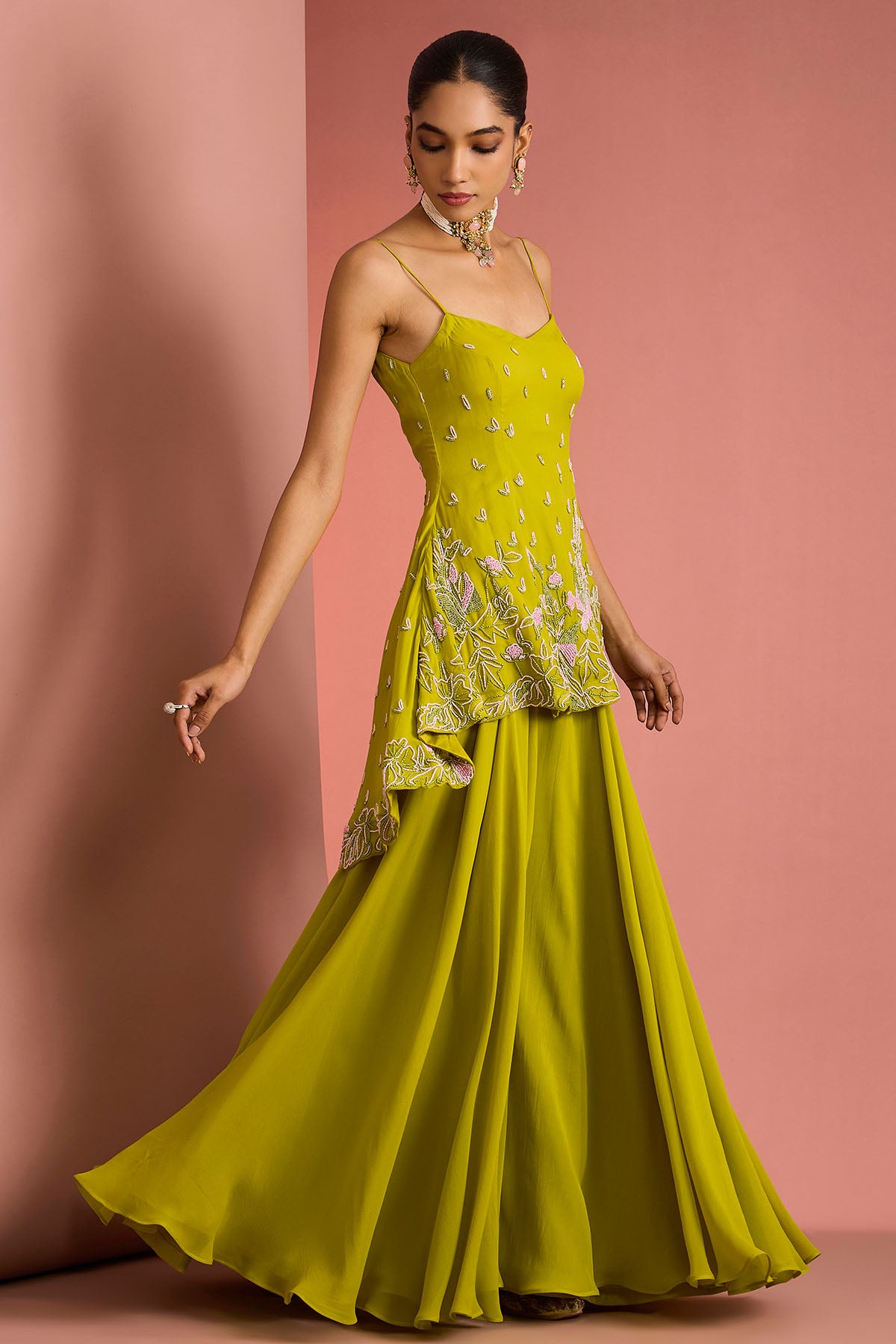 Green Peplum Bead Sharara Set